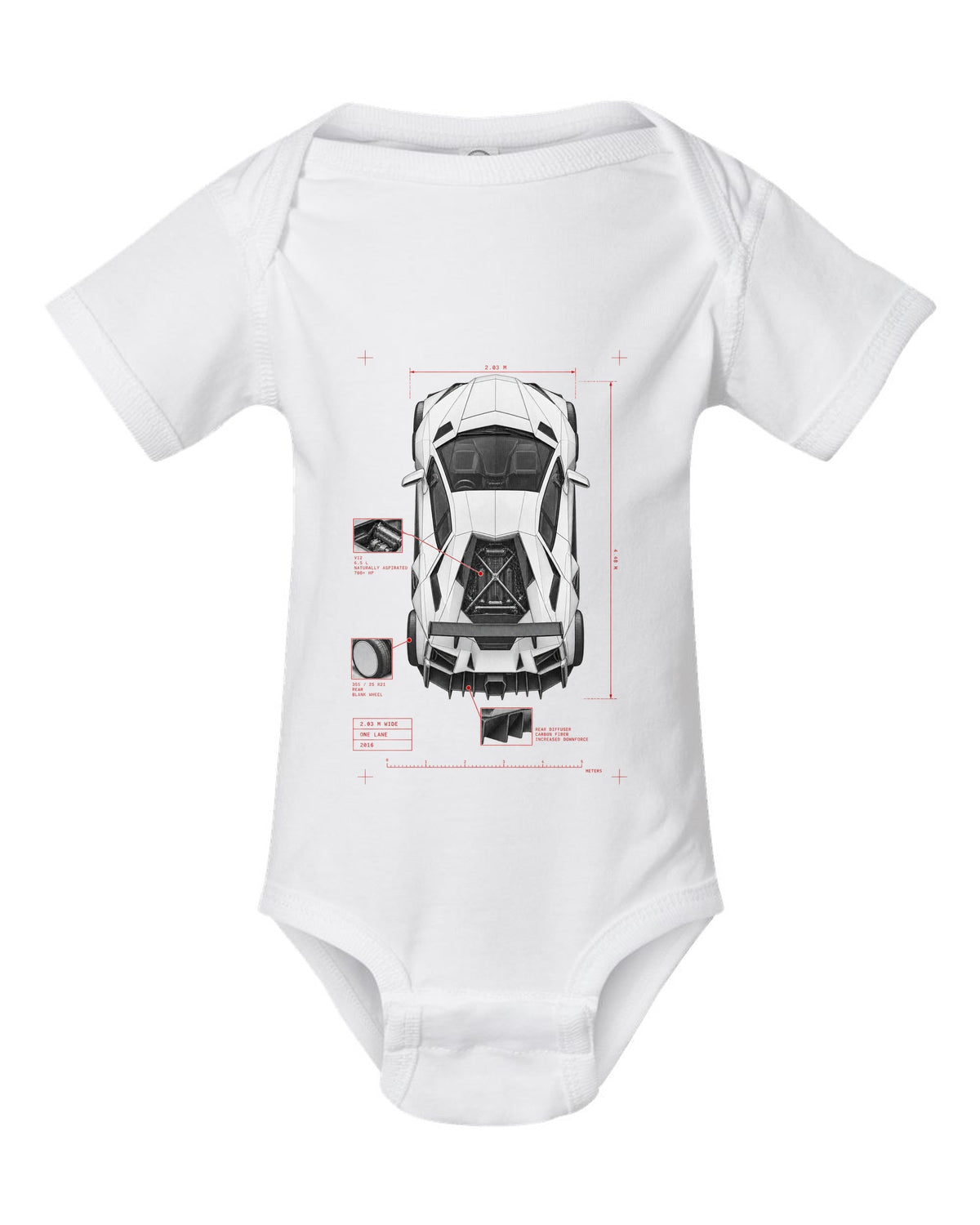 Lamborghini Aventador S LP740-4 spec poster print reading 2.03 M wide, one lane, 2016 white baby onesie front view with the design