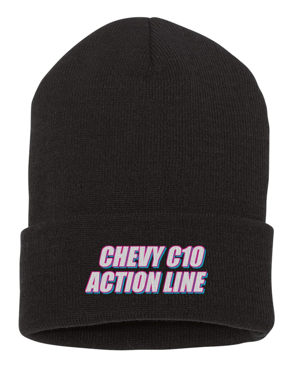 Chevy C10 Action Line black beanie front view with car name