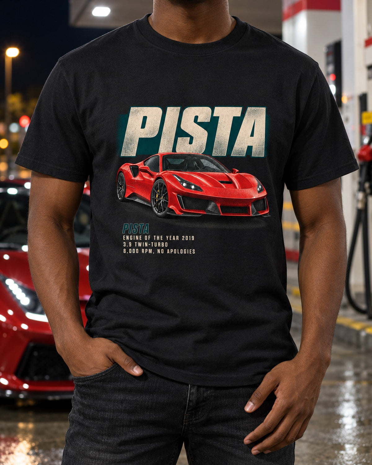 Ferrari 488 Pista Engine of the Year 2019 Editorial Tee T-Shirt Black worn hero