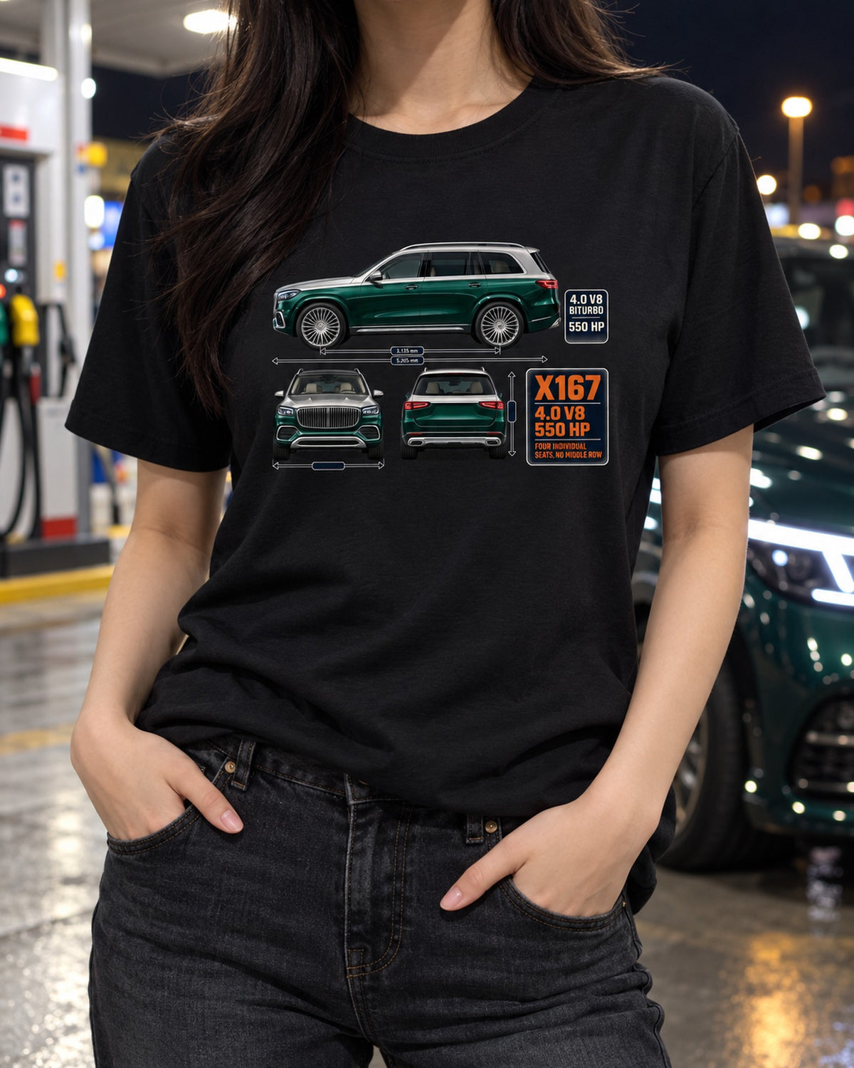 Mercedes-Maybach GLS 600 X167 Three-View Spec Shirt T-Shirt Black worn hero