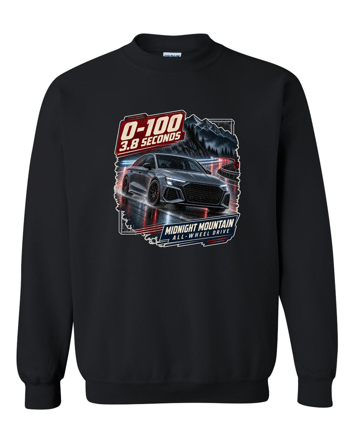 Audi RS3 8Y sedan on a night mountain road with 0-100 caption black crewneck front view with the design