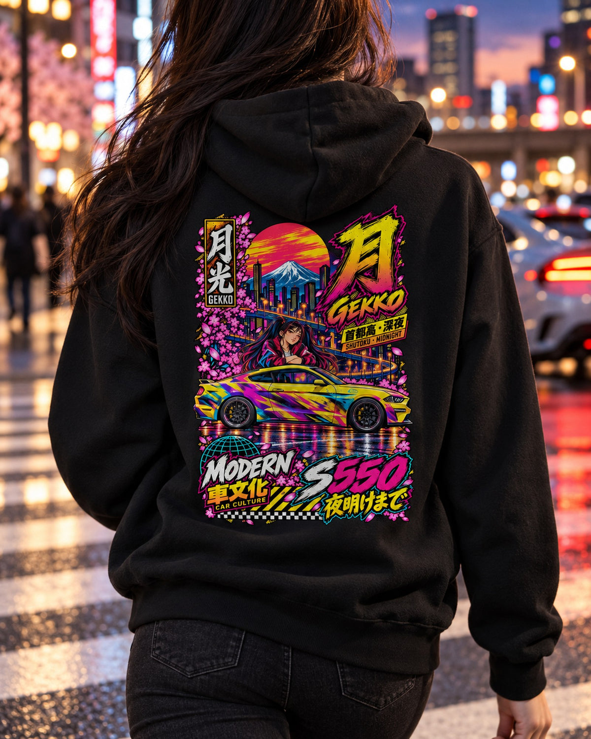 GEKKO S550 Anime Girl Full-Back Graphic Tee Pull Over Hoodie Black worn hero