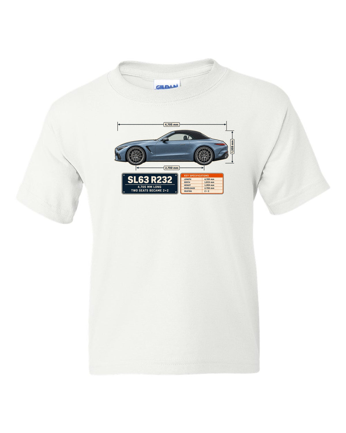 Mercedes-AMG SL63 R232 Dimension Blueprint white kids tee front view with the design