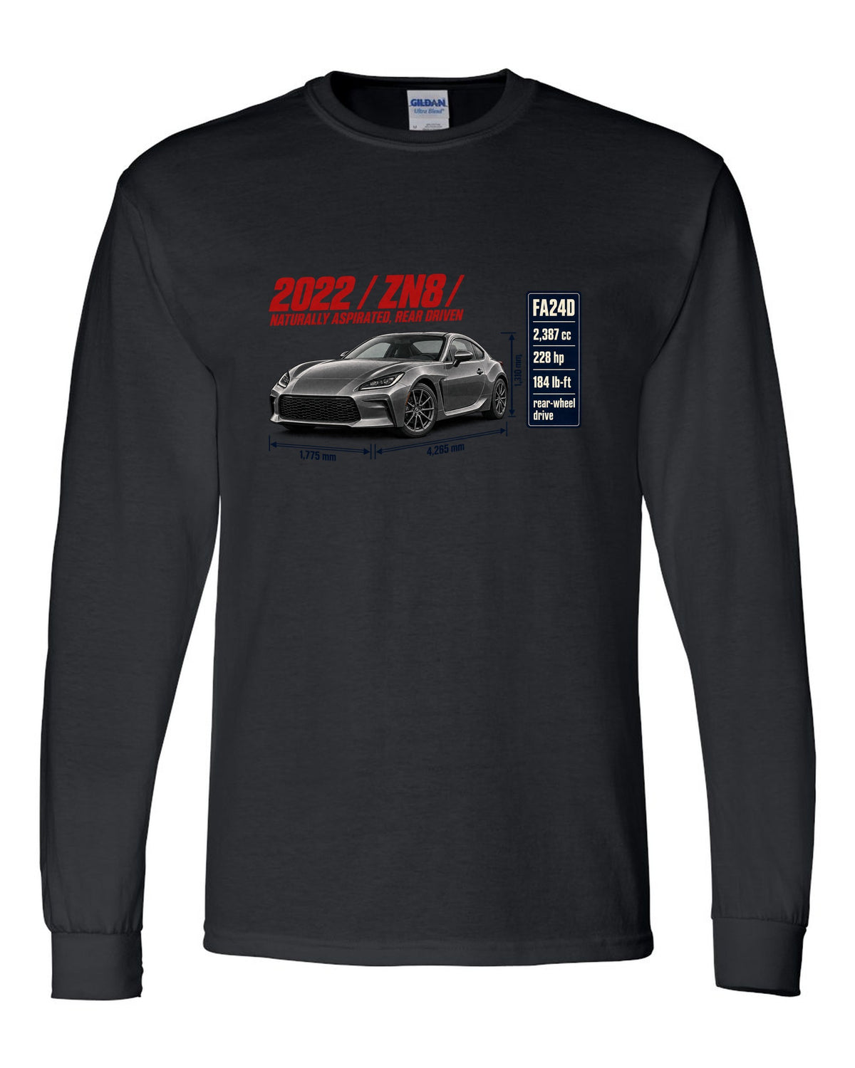 Spec poster layout for a 2022 Toyota GR86 ZN8, poster-style print black long sleeve front view with the design