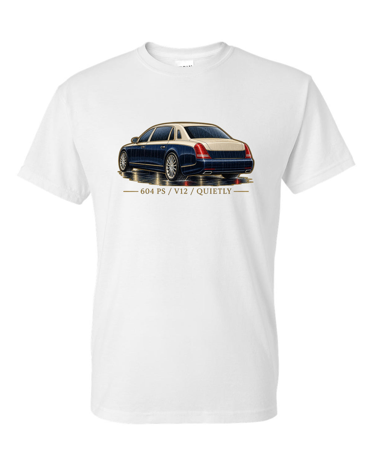 Single-line contour drawing of a Maybach 57 S W240 in rain with 604 PS V12 Quietly text white t-shirt front view with the design