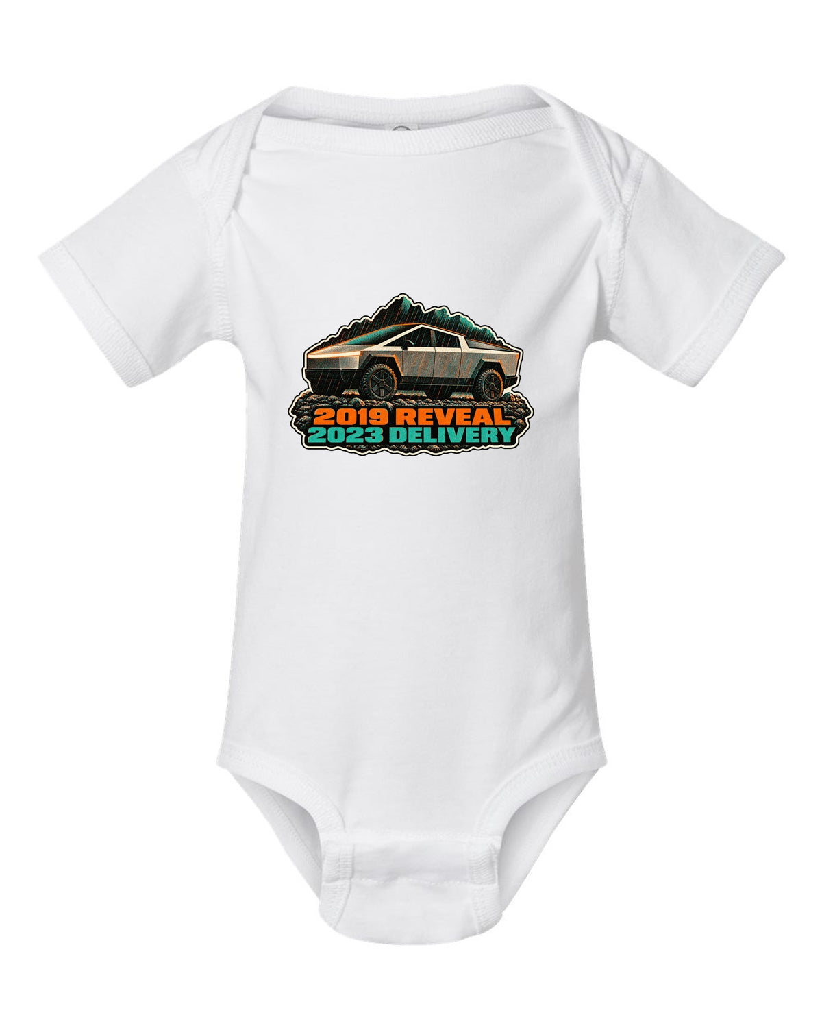 Risograph two-colour print of a 2023 Tesla Cybertruck in gravel and rain with 2019 Reveal 2023 Delivery lettering white baby onesie front view with the design