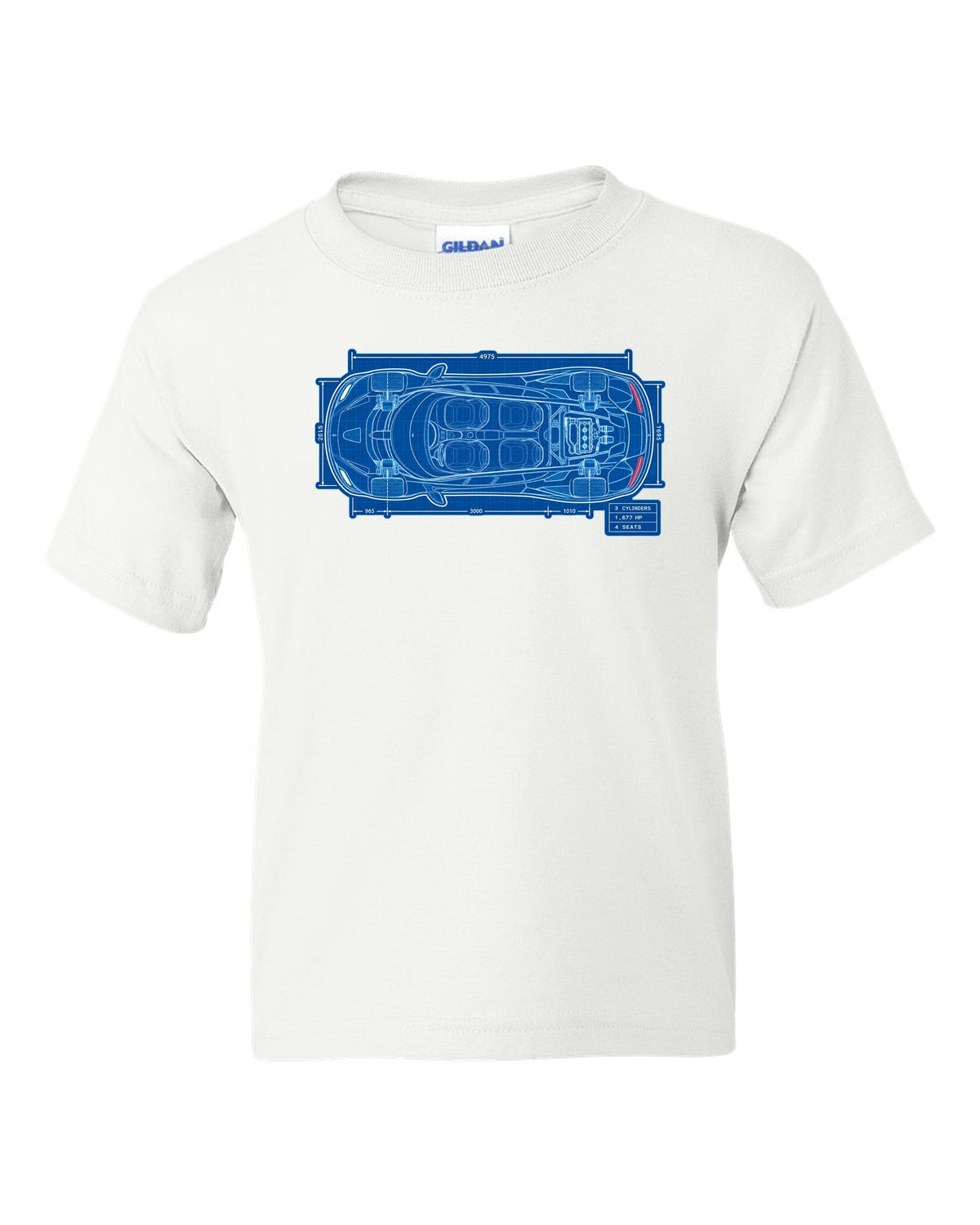 Technical blueprint print of the Koenigsegg Gemera seen from above with 3 cylinders and 4 seats lettering white kids tee front view with the design