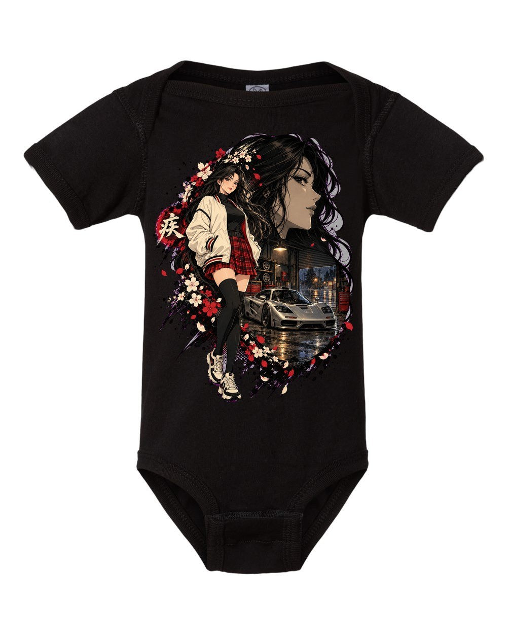 McLaren F1 Anime Girl Baby Onesie Black front
