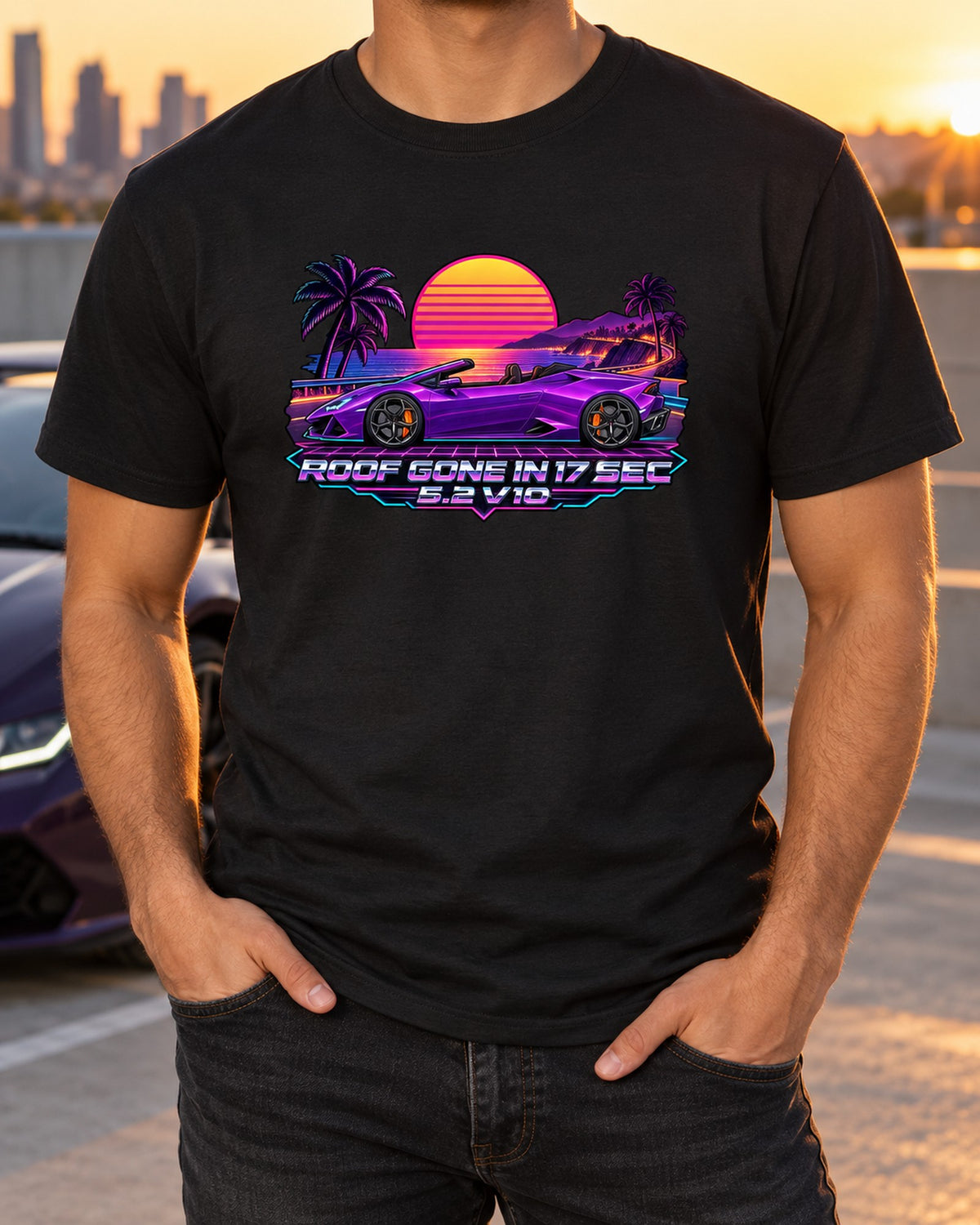 Lamborghini Huracan Spyder LP610-4 Synthwave Sunset Grid Tee T-Shirt Black worn hero