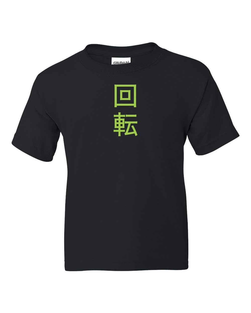 black kids tee front view with small kanji mark