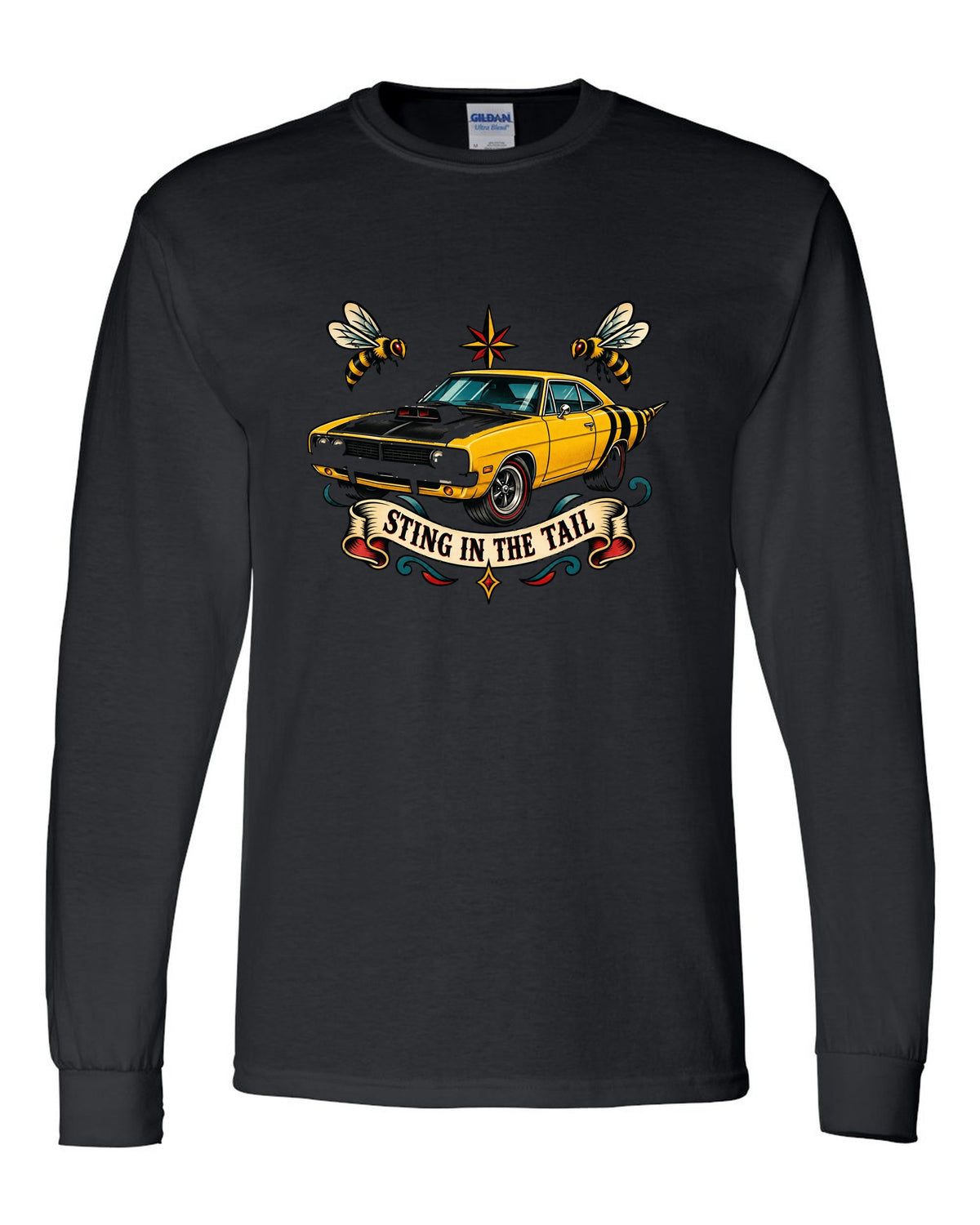 Hand-drawn tattoo flash print of a 1969 Dodge Coronet Super Bee with sting in the tail text black long sleeve front view with the design
