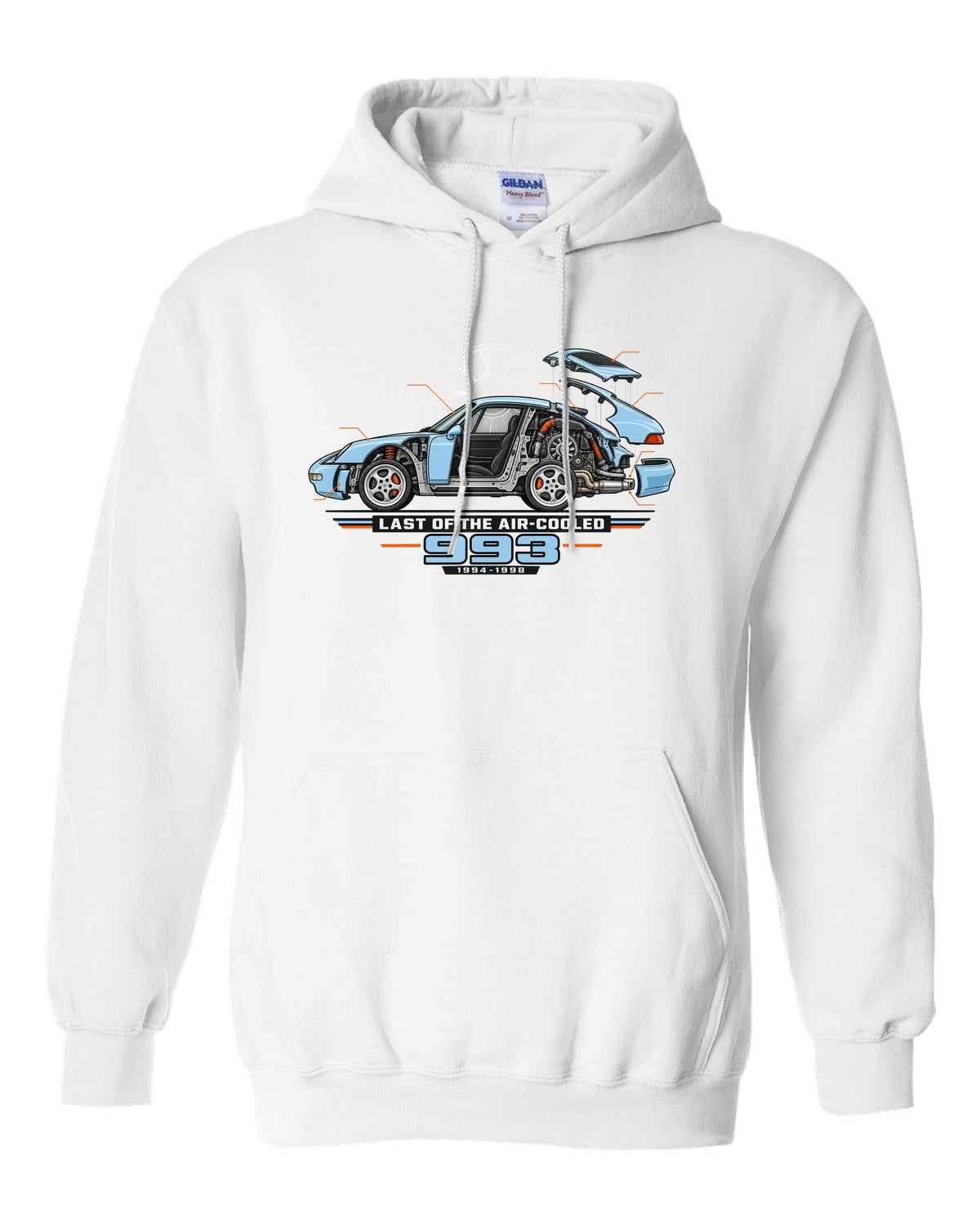 Architectural cutaway drawing of a Porsche 911 993 on a shirt back white pull over hoodie front view with the design