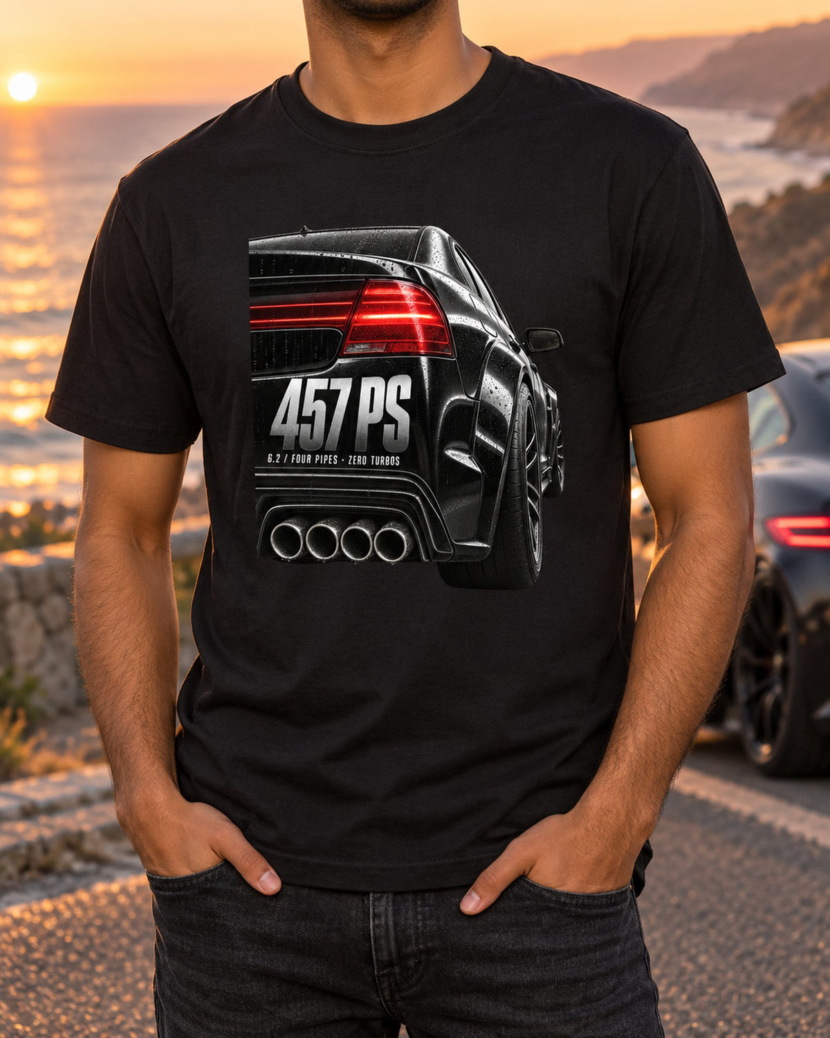 W204 C63 Sedan Taillight Macro Shirt, 457 PS Four Pipes T-Shirt Black worn hero