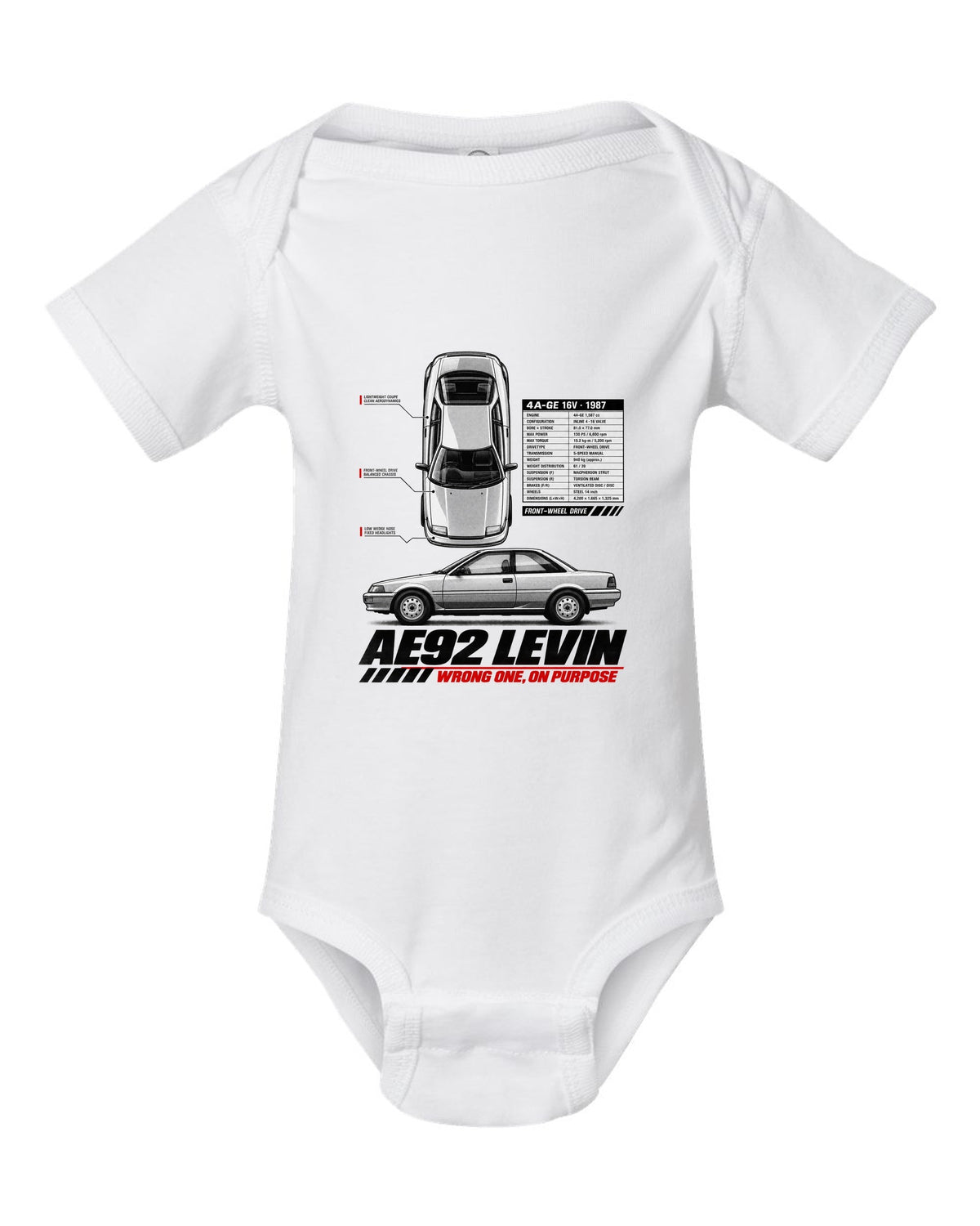 Spec poster print of a Toyota Corolla Levin AE92 with 4A-GE 16V and front-wheel drive text white baby onesie front view with the design