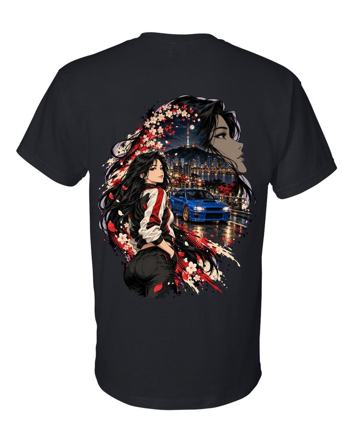 Subaru Impreza 22B Anime Girl T-Shirt Black back