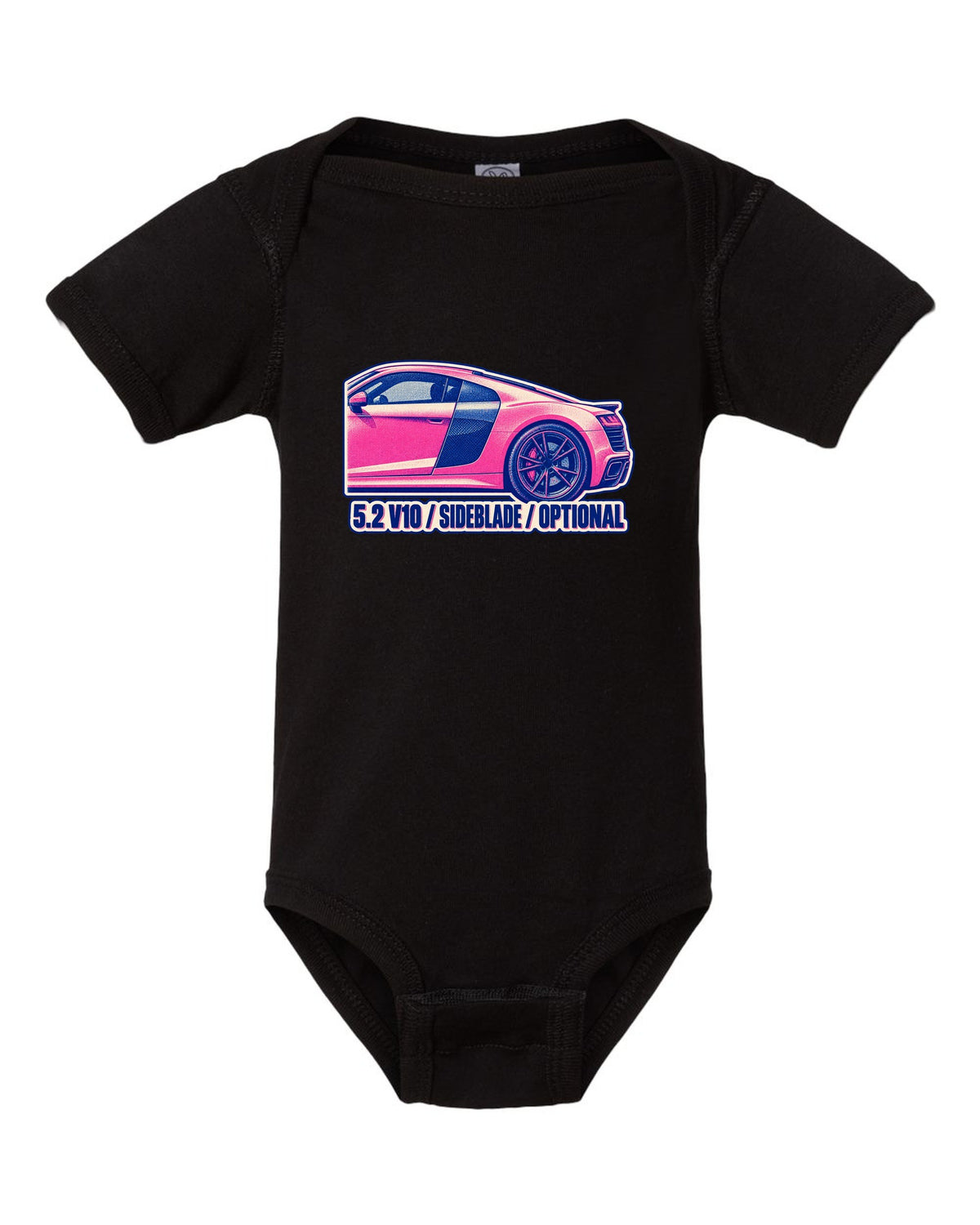 Risograph two-ink print of an Audi R8 4S with 5.2 V10 and Sideblade text black baby onesie front view with the design