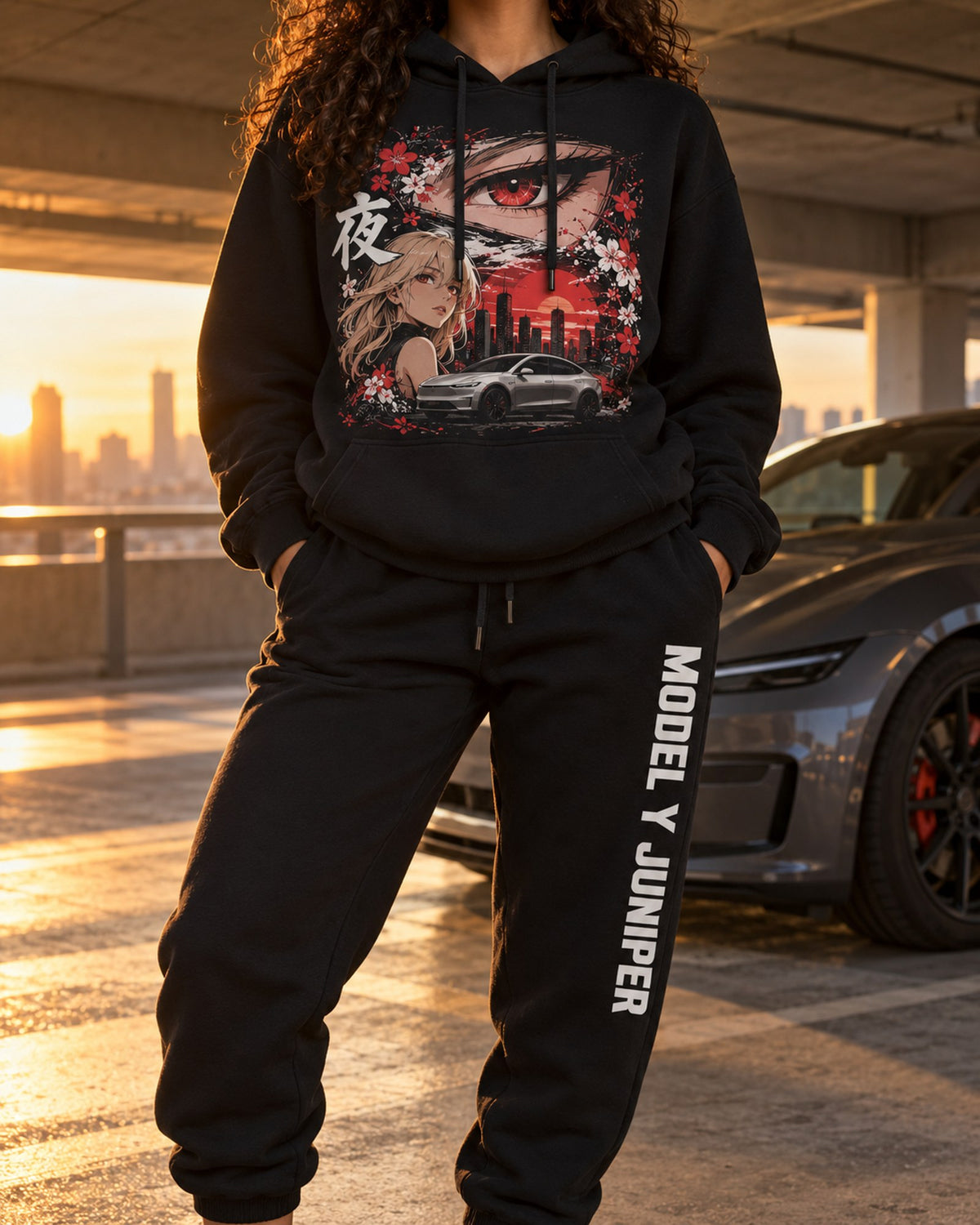 Tesla Model Y Juniper Anime Girl Hoodie + Jogger Set Black worn hero
