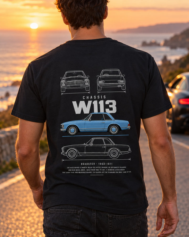 Mercedes 280 SL Pagoda roadster Blueprint Full-Back Graphic Tee, W113 Chassis Code T-Shirt Black worn hero