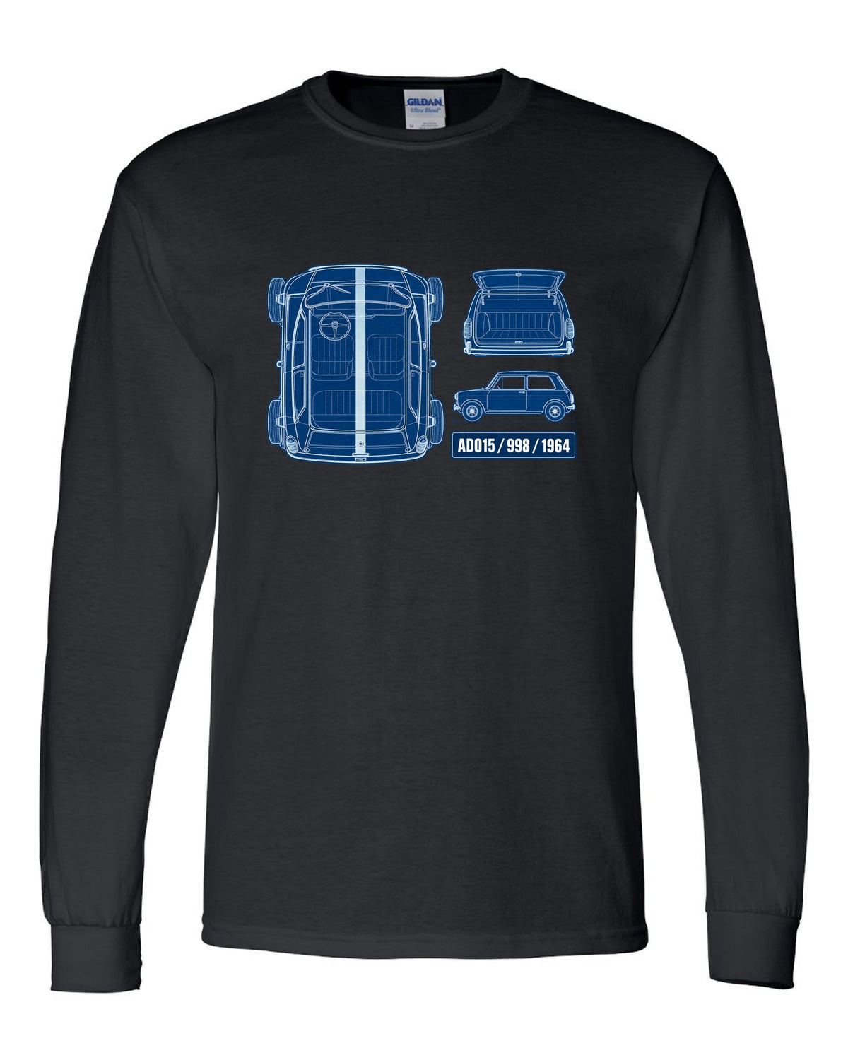 1964 Mini Cooper Mk I ADO15 in a white-on-blue cyanotype blueprint style black long sleeve front view with the design