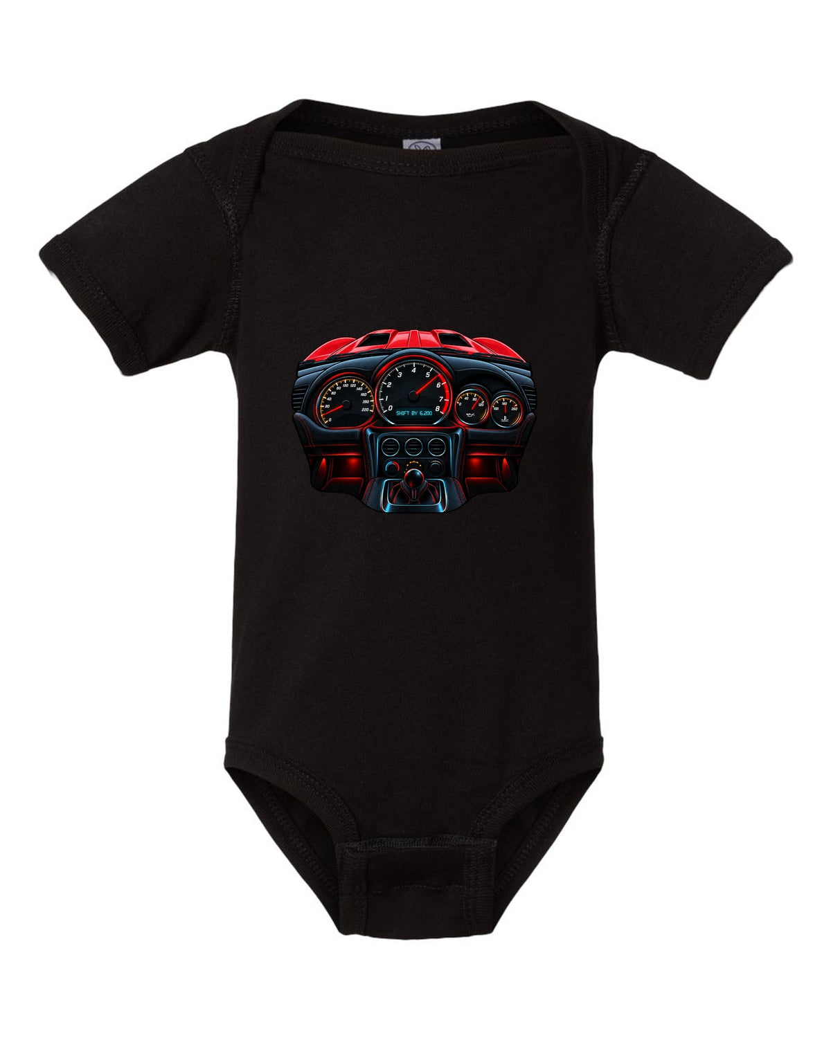 Gauge-cluster HUD design for a 2015 Dodge Viper VX I reading shift by 6,200 black baby onesie front view with the design