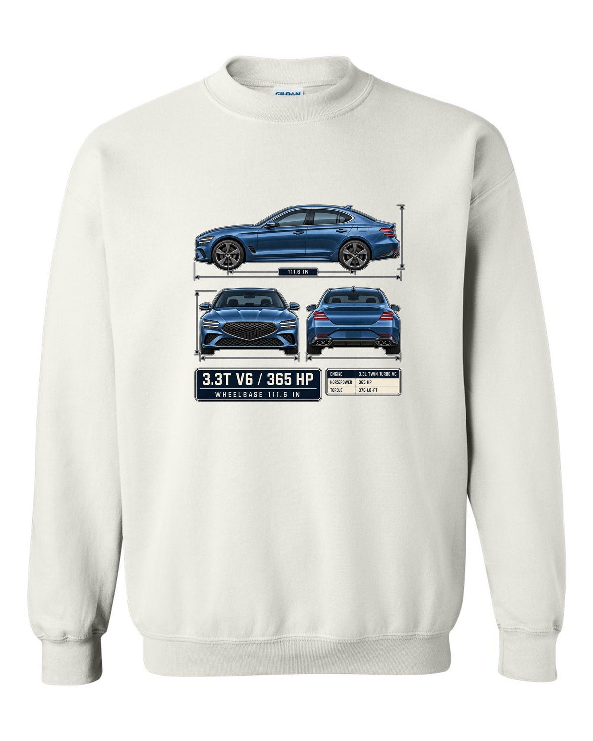 Dimension blueprint print of the Genesis G70 3.3T with V6 and 365 HP callouts white crewneck front view with the design