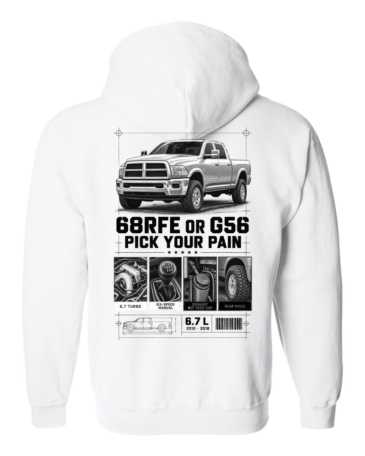 Dossier panels of a 2010-2018 Ram 3500 4th gen 6.7 with the text 68RFE or G56, pick your pain white zip hoodie back view with the design