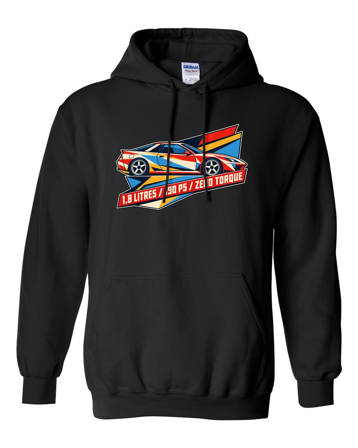 Geometric origami constructivist poster of the Toyota Celica ZZT231 with 190 PS text black pull over hoodie front view with the design