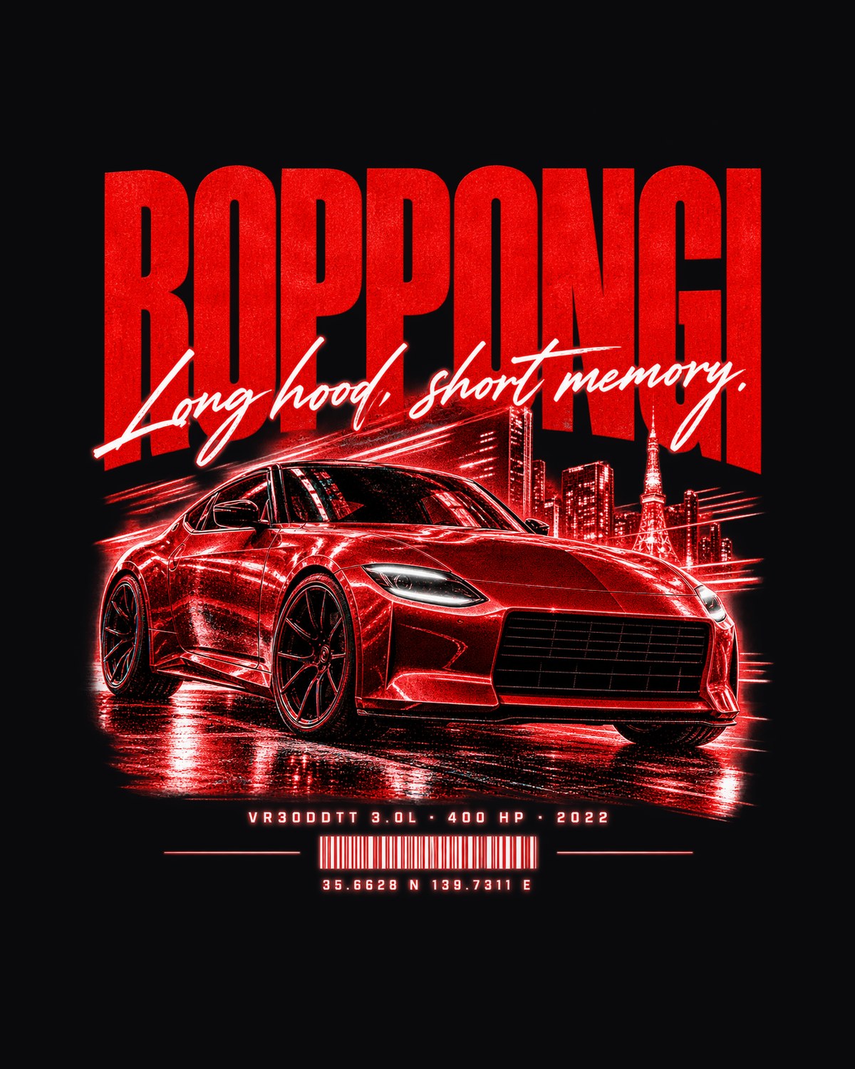Nissan Z RZ34 Roppongi Street Poster Shirt, VR30DDTT Tee design only