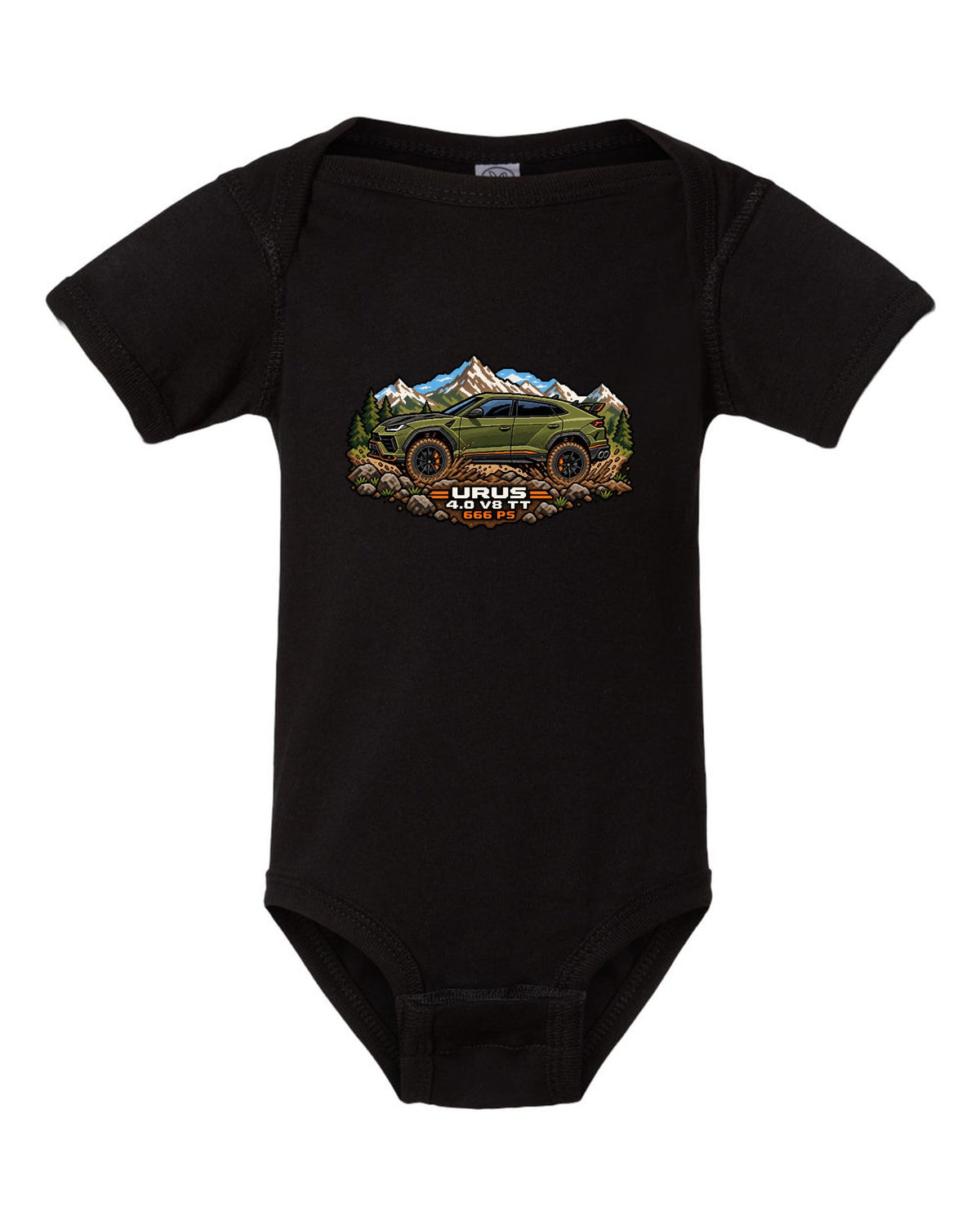 16-bit pixel art Lamborghini Urus Performante climbing a muddy hill with text URUS / 4.0 V8 TT / 666 PS black baby onesie front view with the design