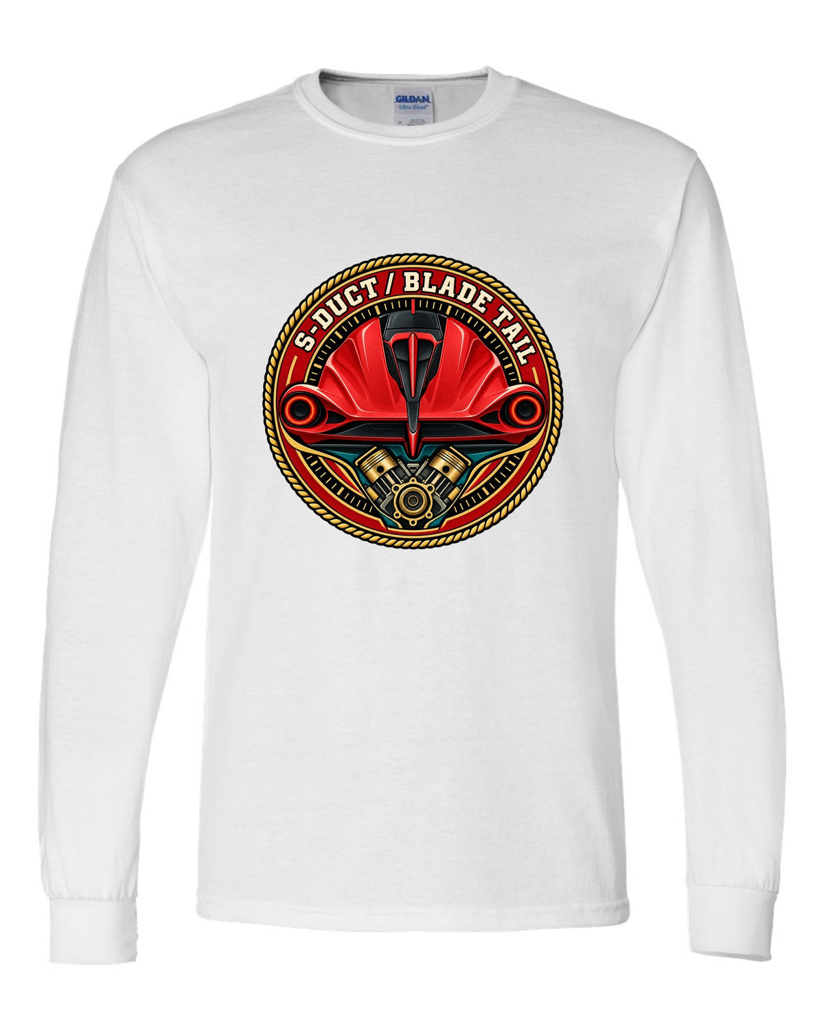 Round crest print for the Ferrari F8 Tributo with S-Duct and Blade Tail lettering white long sleeve front view with the design