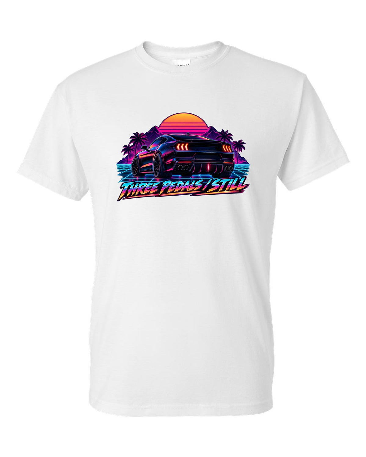 Synthwave outrun 2024 S650 Ford Mustang coupe with Three pedals still text white t-shirt front view with the design
