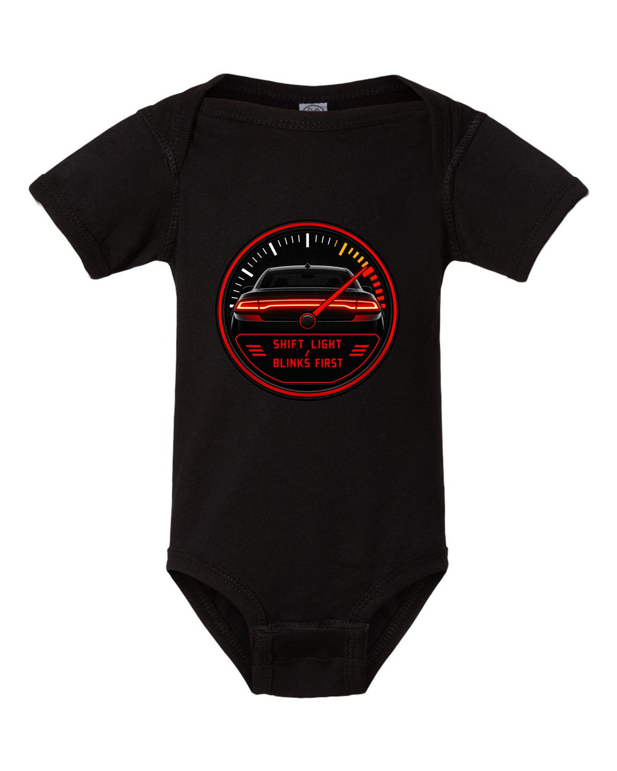 Hyundai Elantra N CN7 gauge-cluster HUD print with shift light blinks first text black baby onesie front view with the design