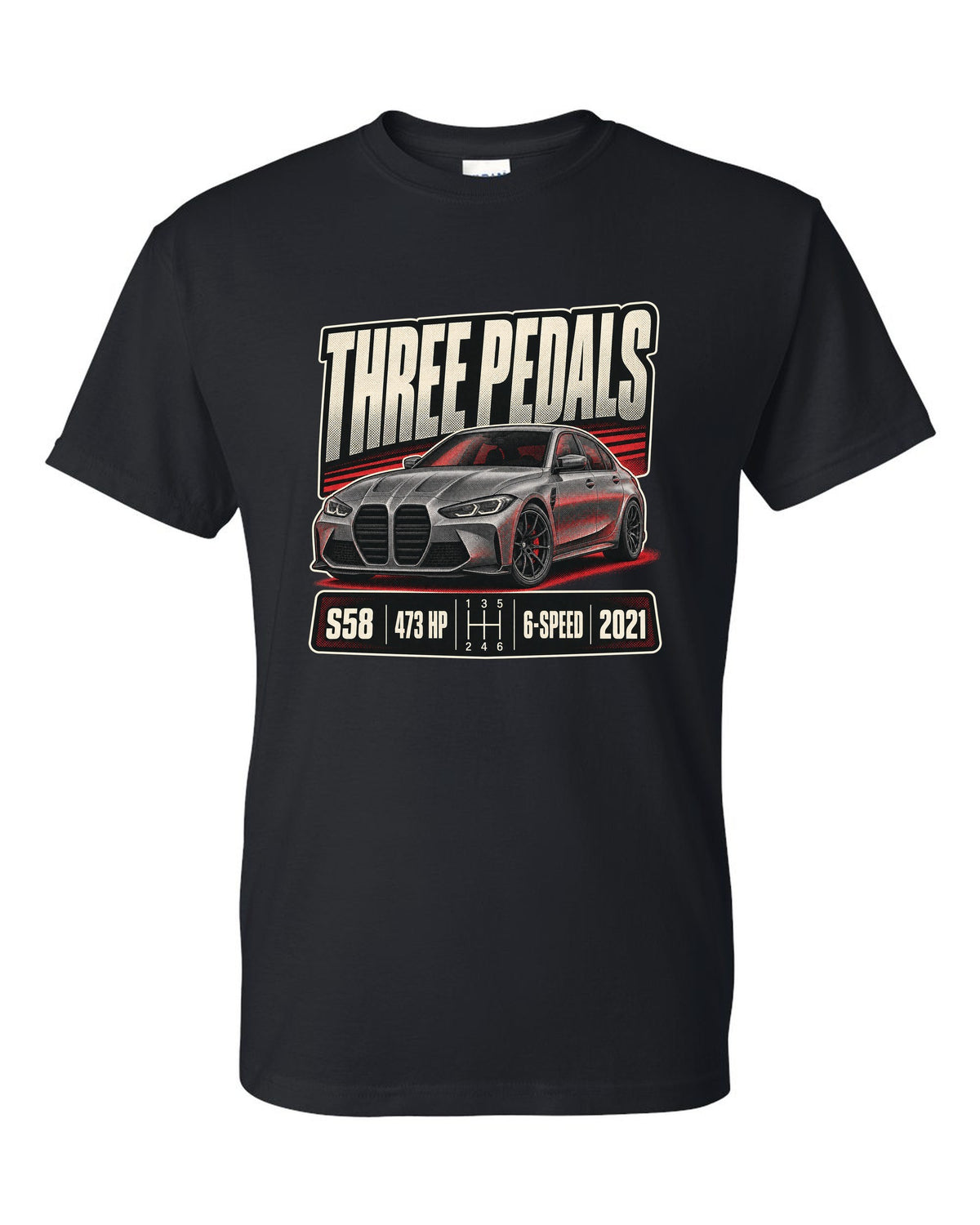 BMW M3 G80 six-speed manual halftone print with three pedals text black t-shirt front view with the design
