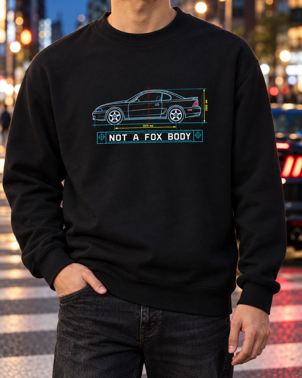 1994-98 SN95 Mustang Coupe Blueprint Shirt, Not A Fox Body Crewneck Black worn hero