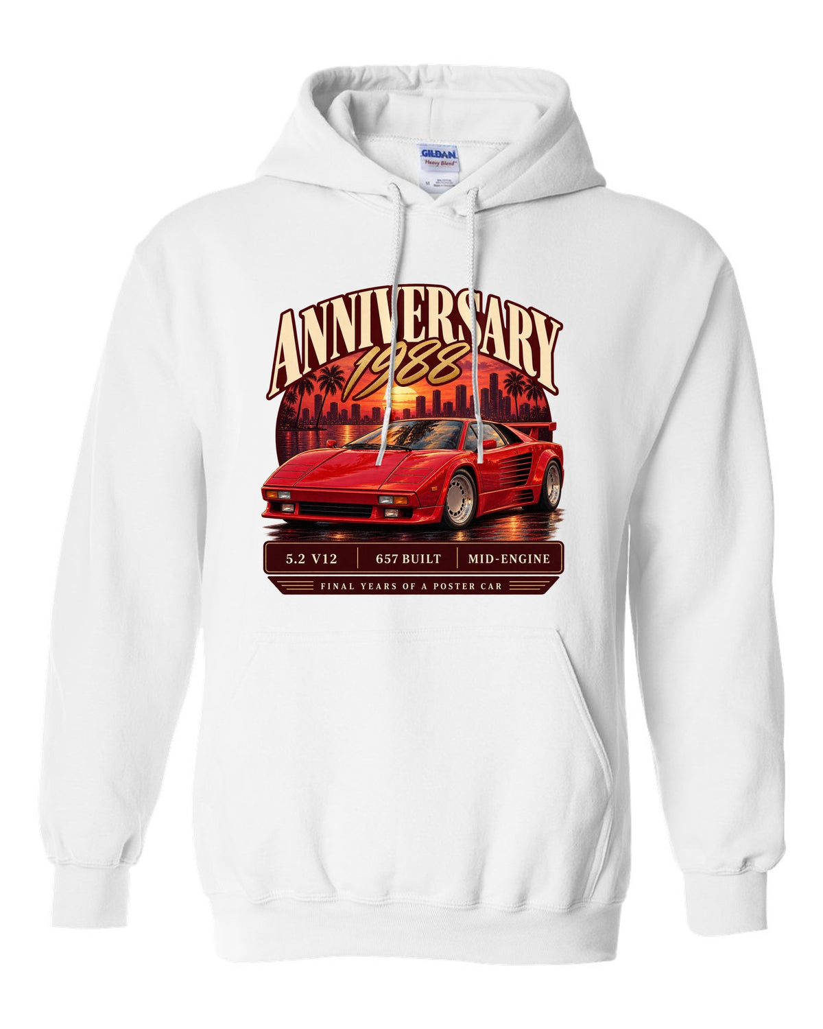 Archive panel print of a Lamborghini Countach 25th Anniversary with 657 built text white pull over hoodie front view with the design