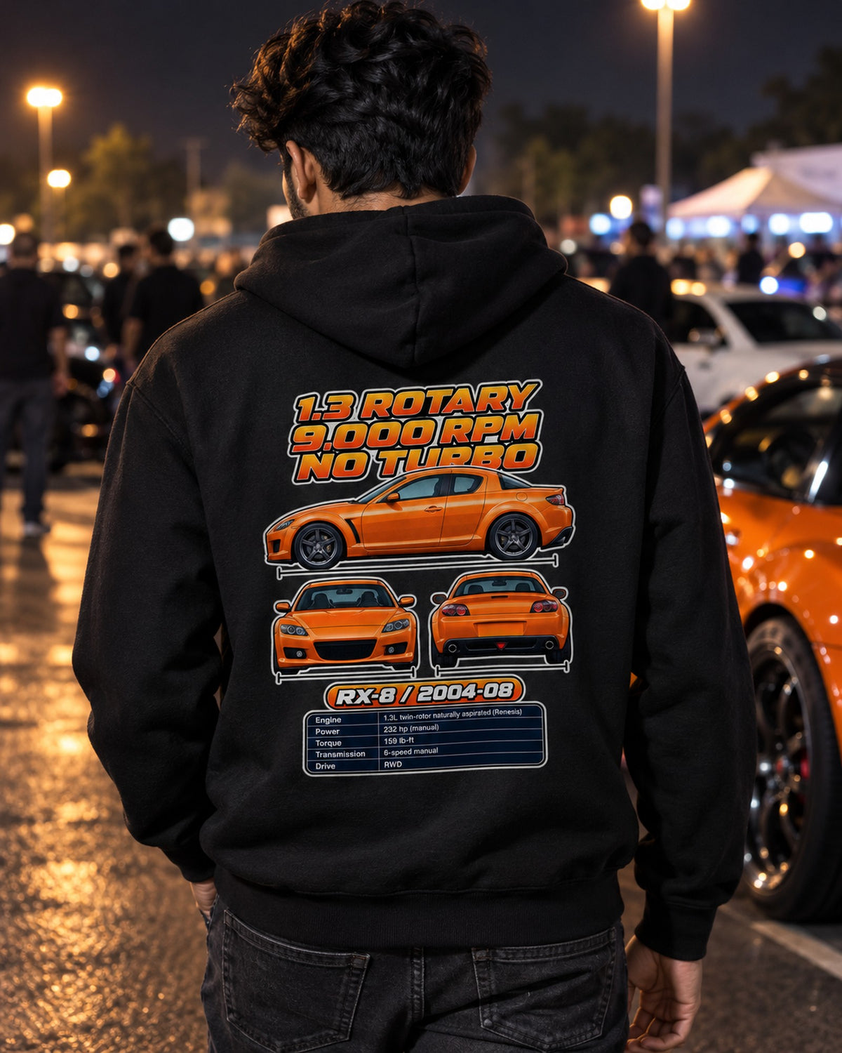 Mazda Rx 8 Spec Sheet Full-Back Graphic Tee Pull Over Hoodie Black worn hero