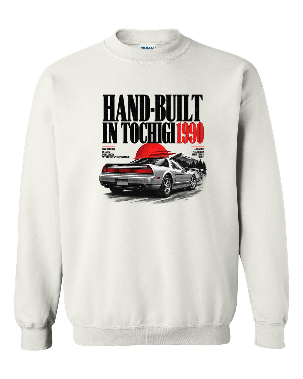 Honda NSX NA1 editorial headline design with hand-built in Tochigi 1990 text white crewneck front view with the design