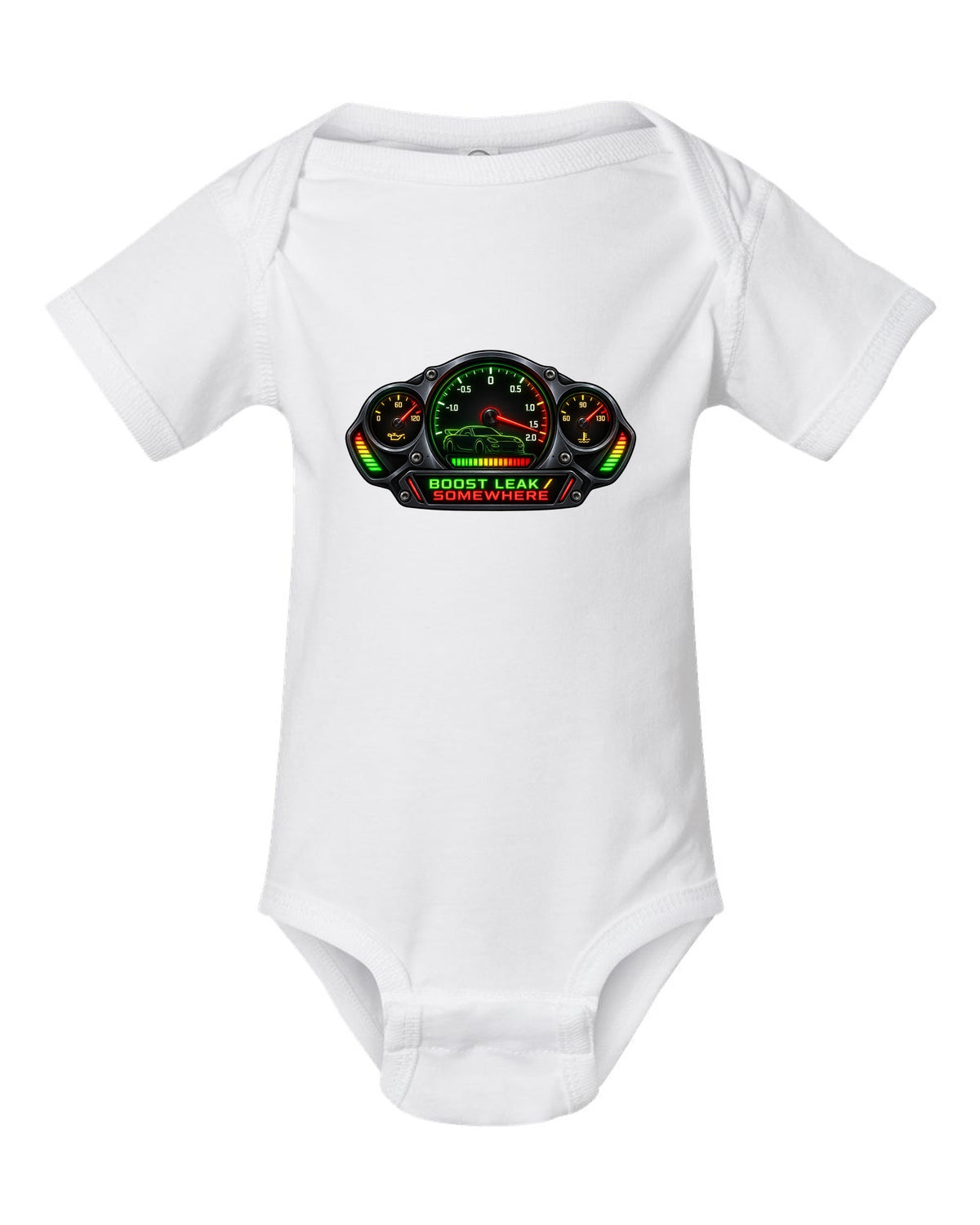 Sticker-bomb collage print of a Mazda RX-7 FD3S with text 5-Lug, 17 Inch, Bronze white baby onesie front view with the design