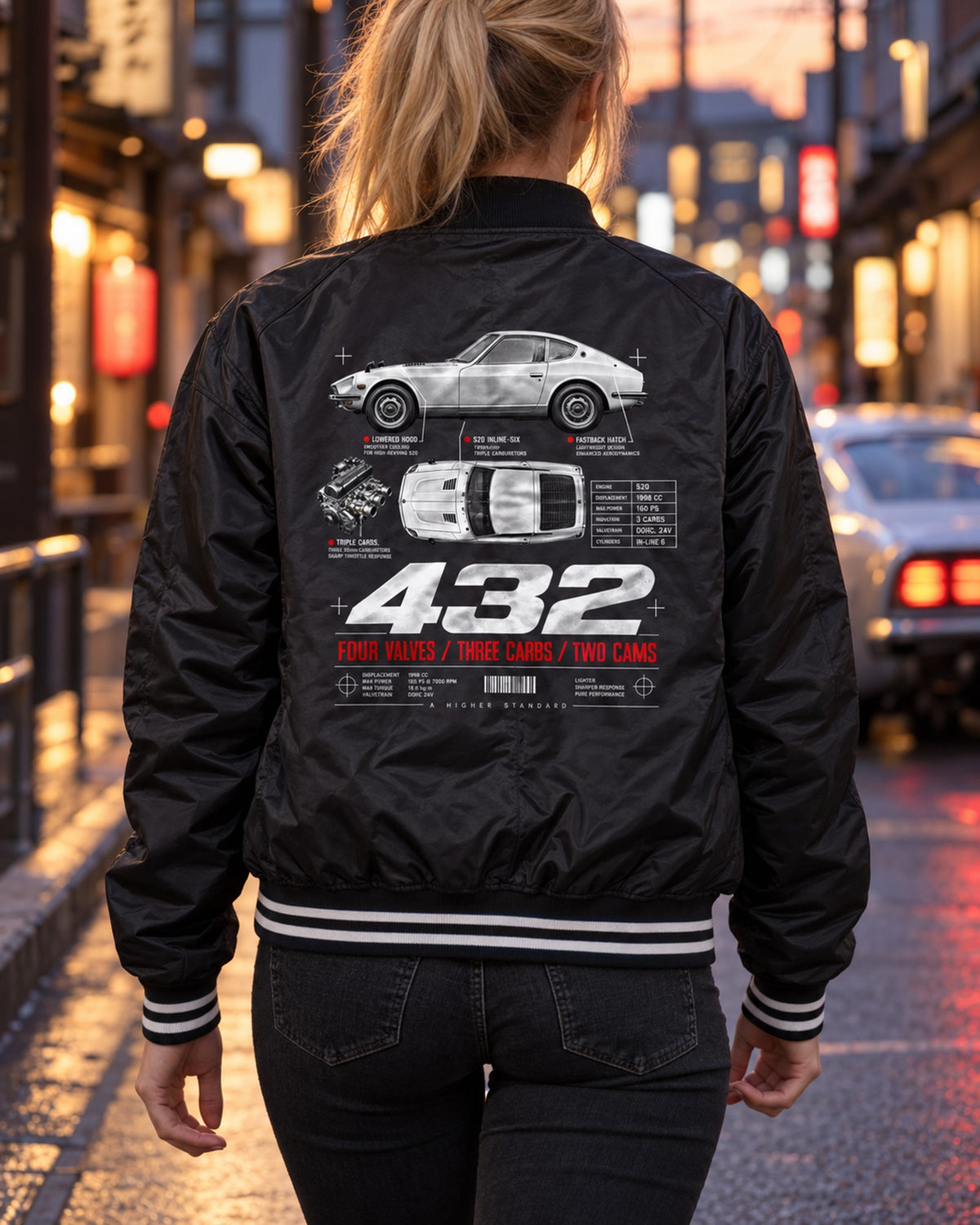 Datsun Fairlady Z432 PS30 Spec Poster Shirt, JDM Classic Tee Bomber Jacket Black worn hero
