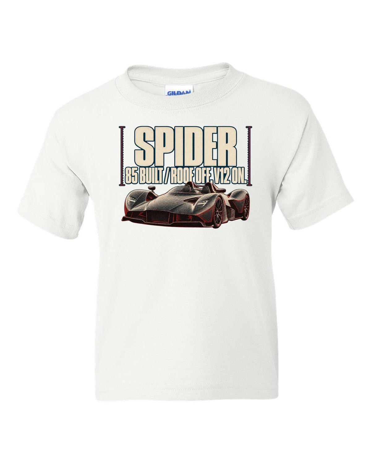 Aston Martin Valkyrie Spider 2022 halftone print with 85 built and roof off V12 on text white kids tee front view with the design