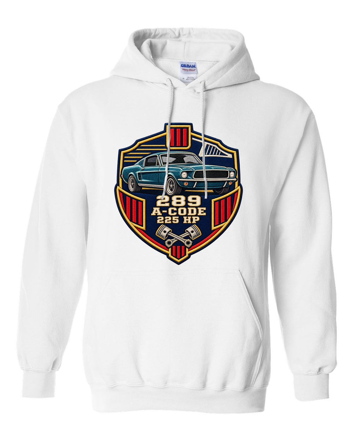 Embroidery-style varsity crest print for a 1967 Ford Mustang fastback A-Code 289 white pull over hoodie front view with the design