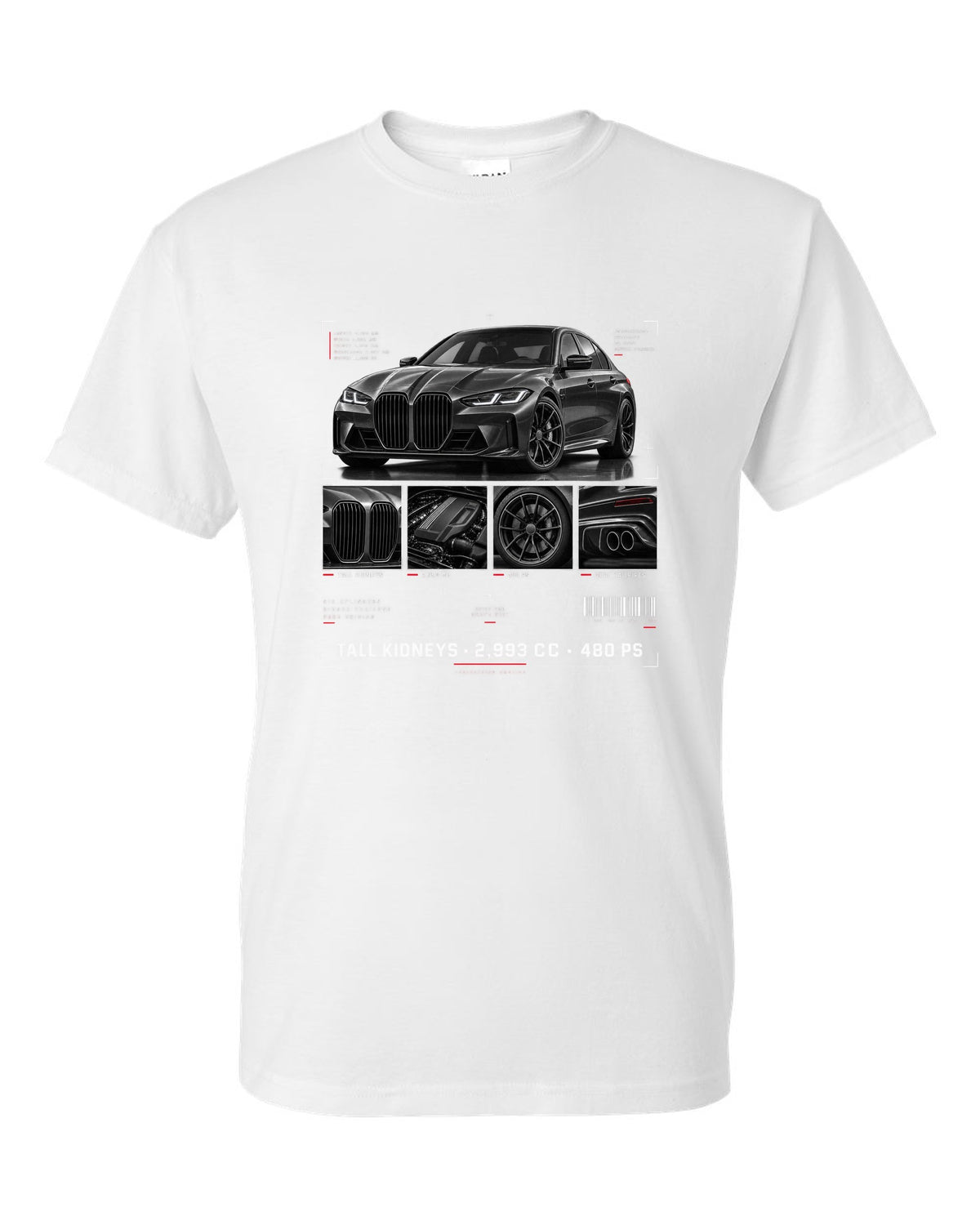 BMW G80 M3 dossier panel print with tall kidneys 2,993 cc and 480 PS white t-shirt front view with the design