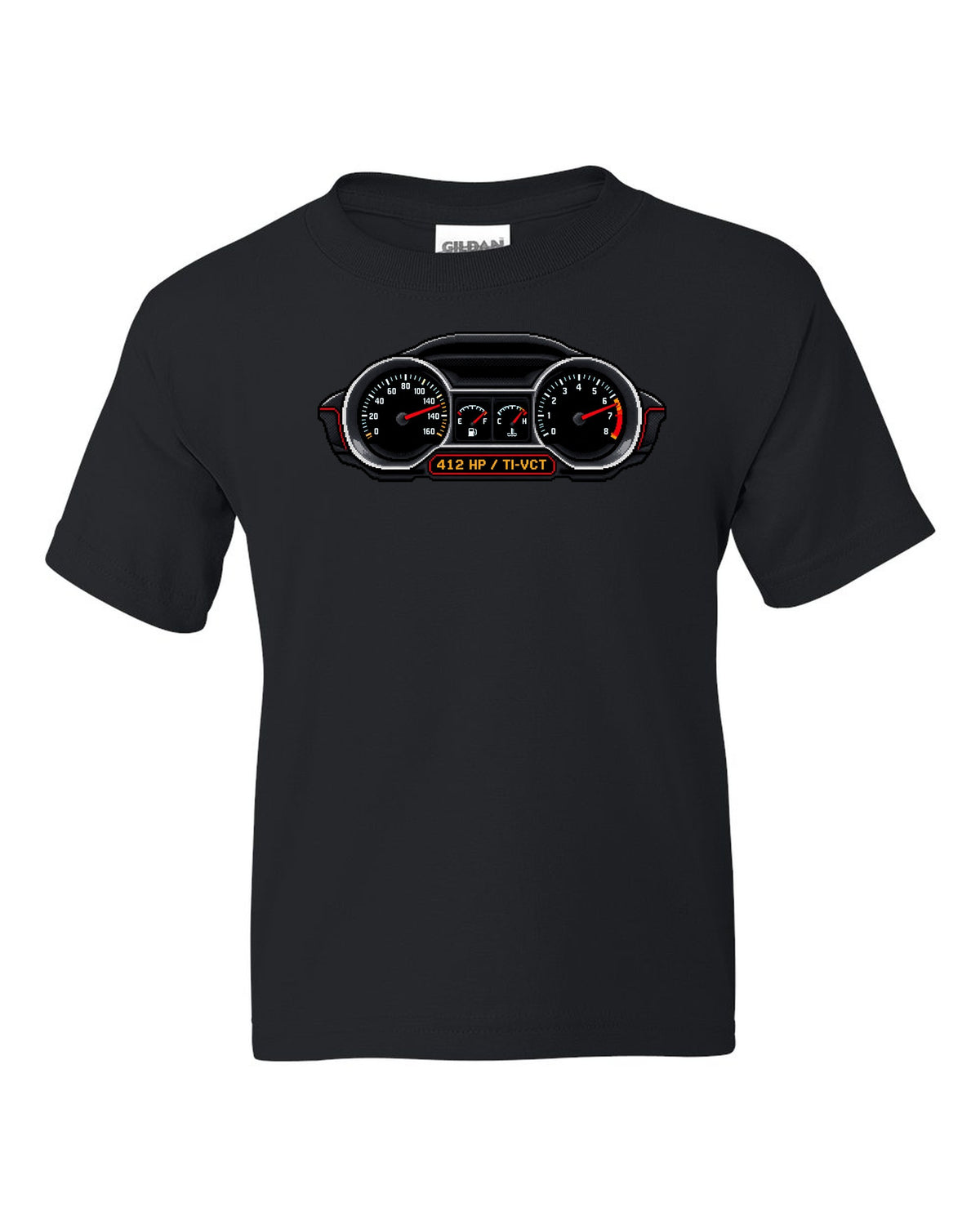 Pixel art 2005-2014 S197 Ford Mustang fastback with Coyote 412 HP gauges black kids tee front view with the design