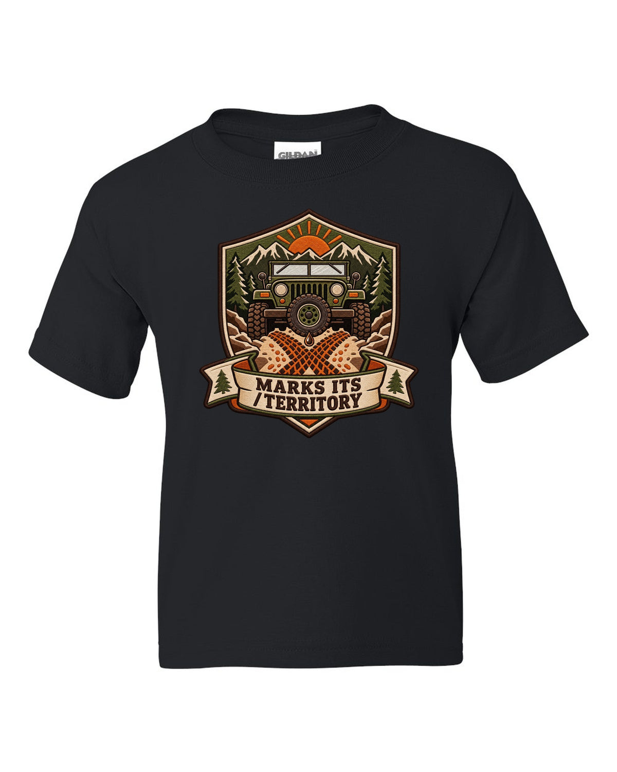 Expedition badge crest of a Toyota Land Cruiser FJ40 with the words Marks Its Territory black kids tee front view with the design