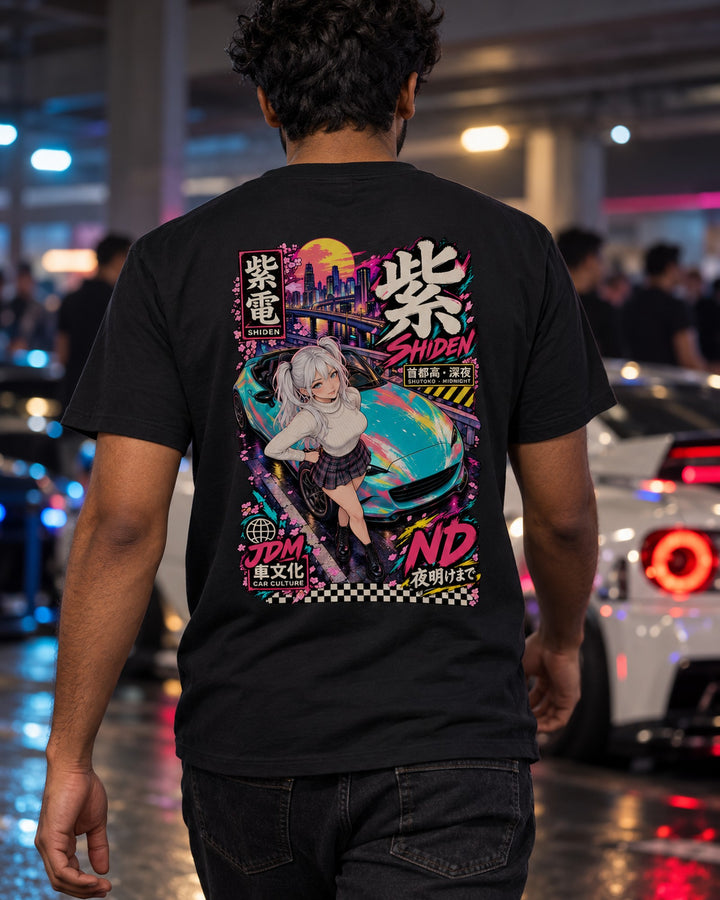 SHIDEN ND Anime Girl Full-Back Graphic Tee T-Shirt Black worn hero
