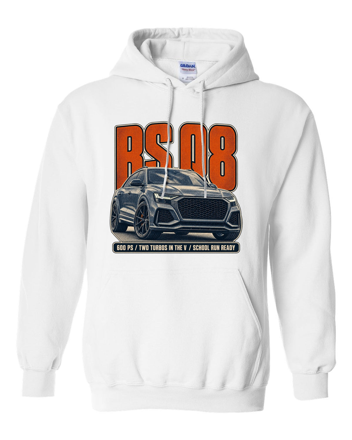 Audi RS Q8 halftone statement print with 600 PS text white pull over hoodie front view with the design