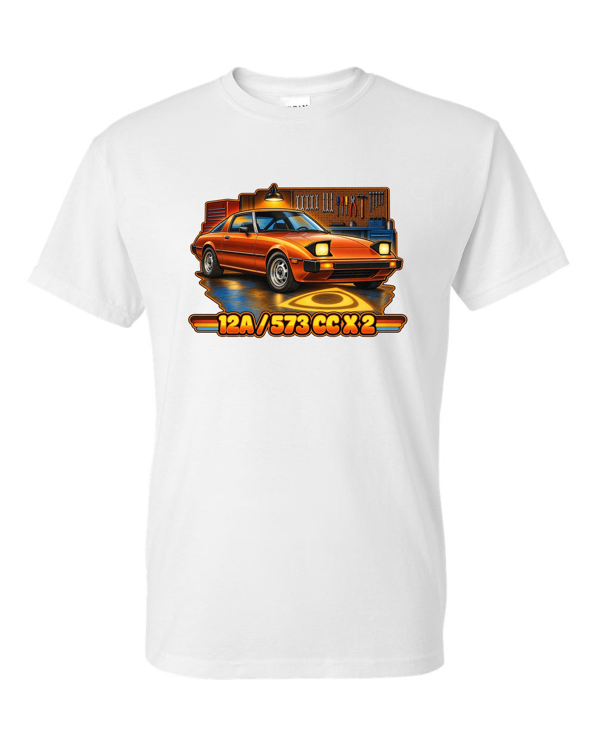 Seventies airbrush poster print of a Mazda RX-7 SA22C with the text 12A, 573 cc x 2 white t-shirt front view with the design