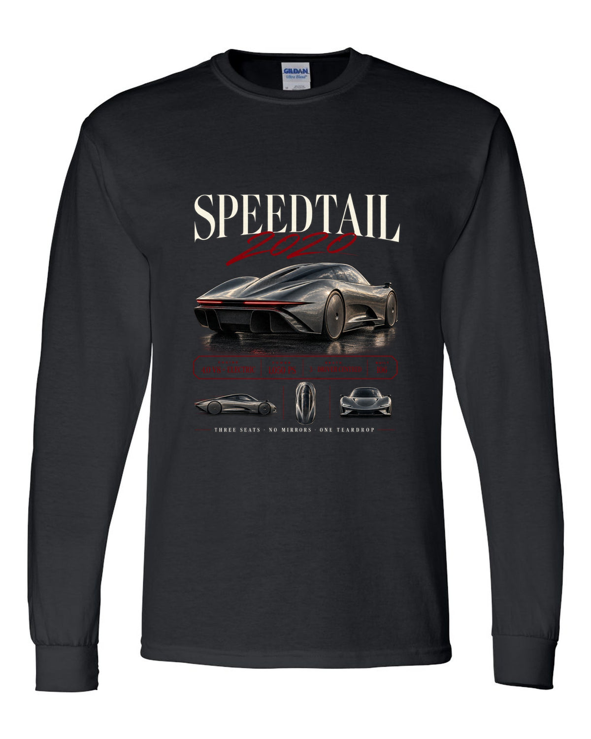 Archive panel print of a 2020 McLaren Speedtail with three seats and no mirrors text black long sleeve front view with the design