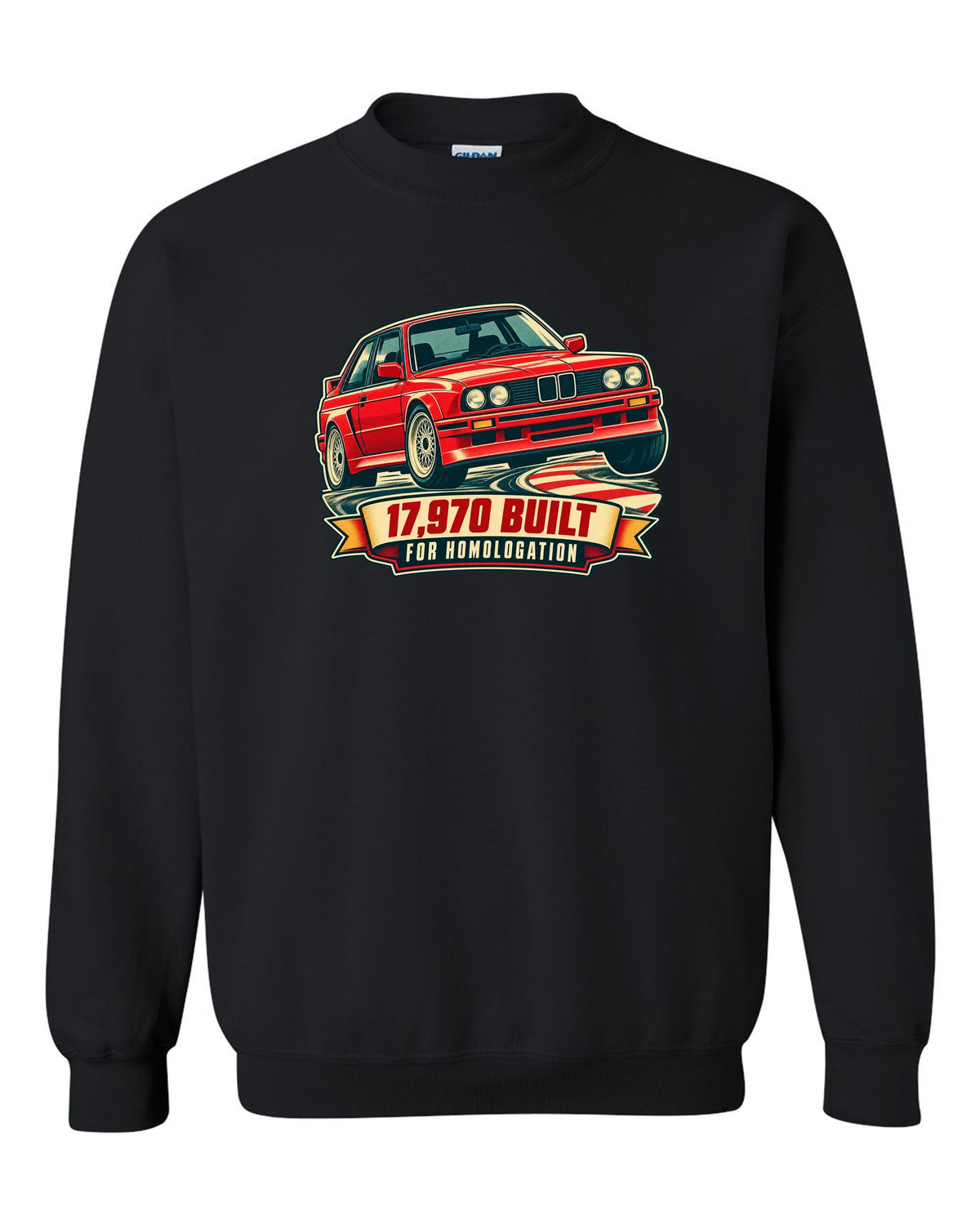 Vintage race poster print of a BMW E30 M3 at a hairpin with 17,970 built text black crewneck front view with the design