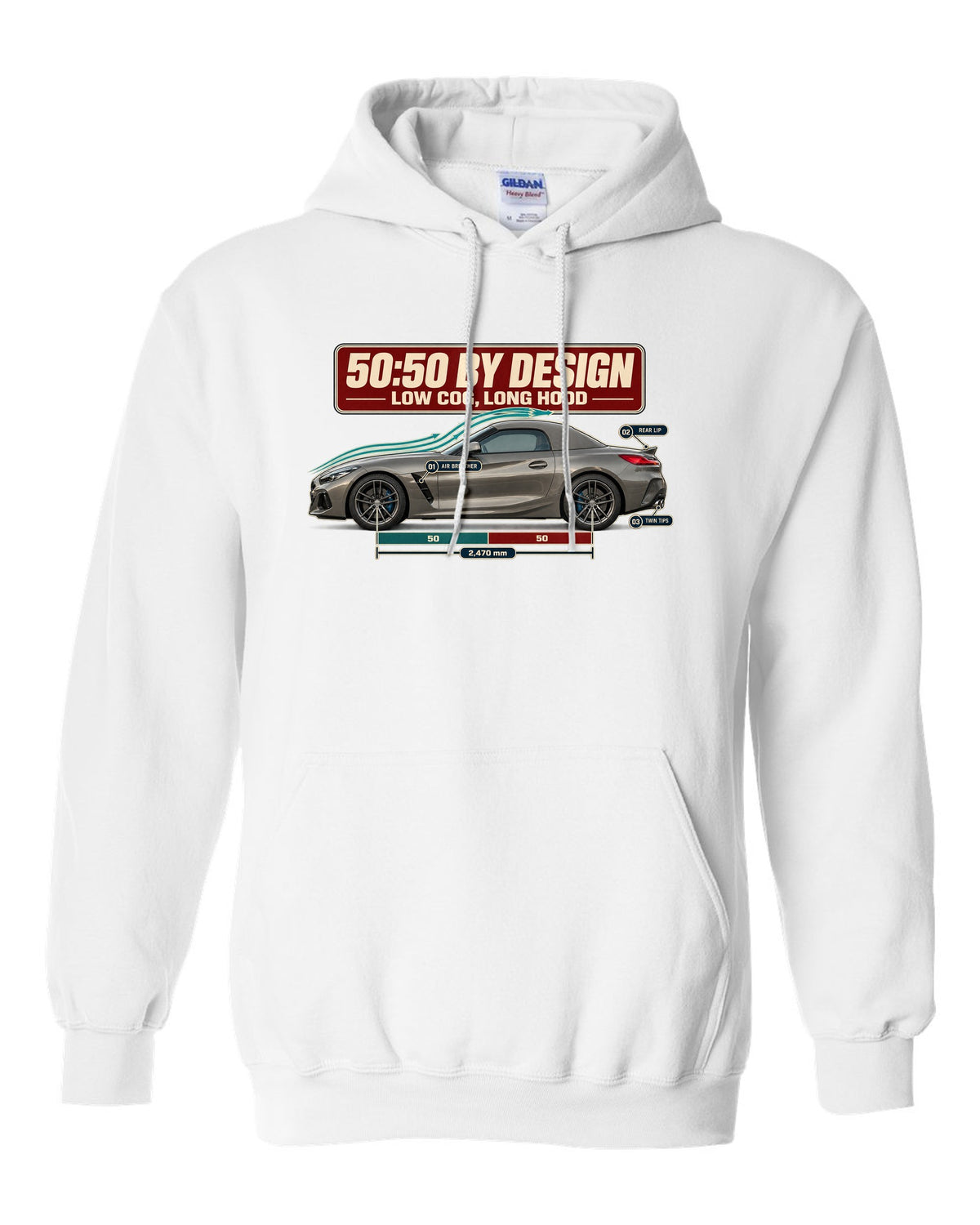 Aero cutaway callout print of the BMW Z4 G29 with 50:50 and long hood notes white pull over hoodie front view with the design